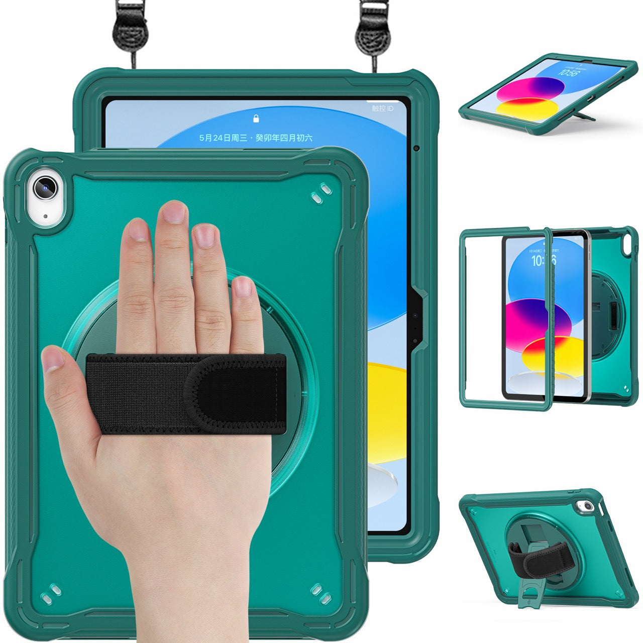 iPad 11" (A16, 2024) / iPad 10 (2022) Rugged Case - 360° Stand, Hand & Shoulder Strap - Shockproof - Green