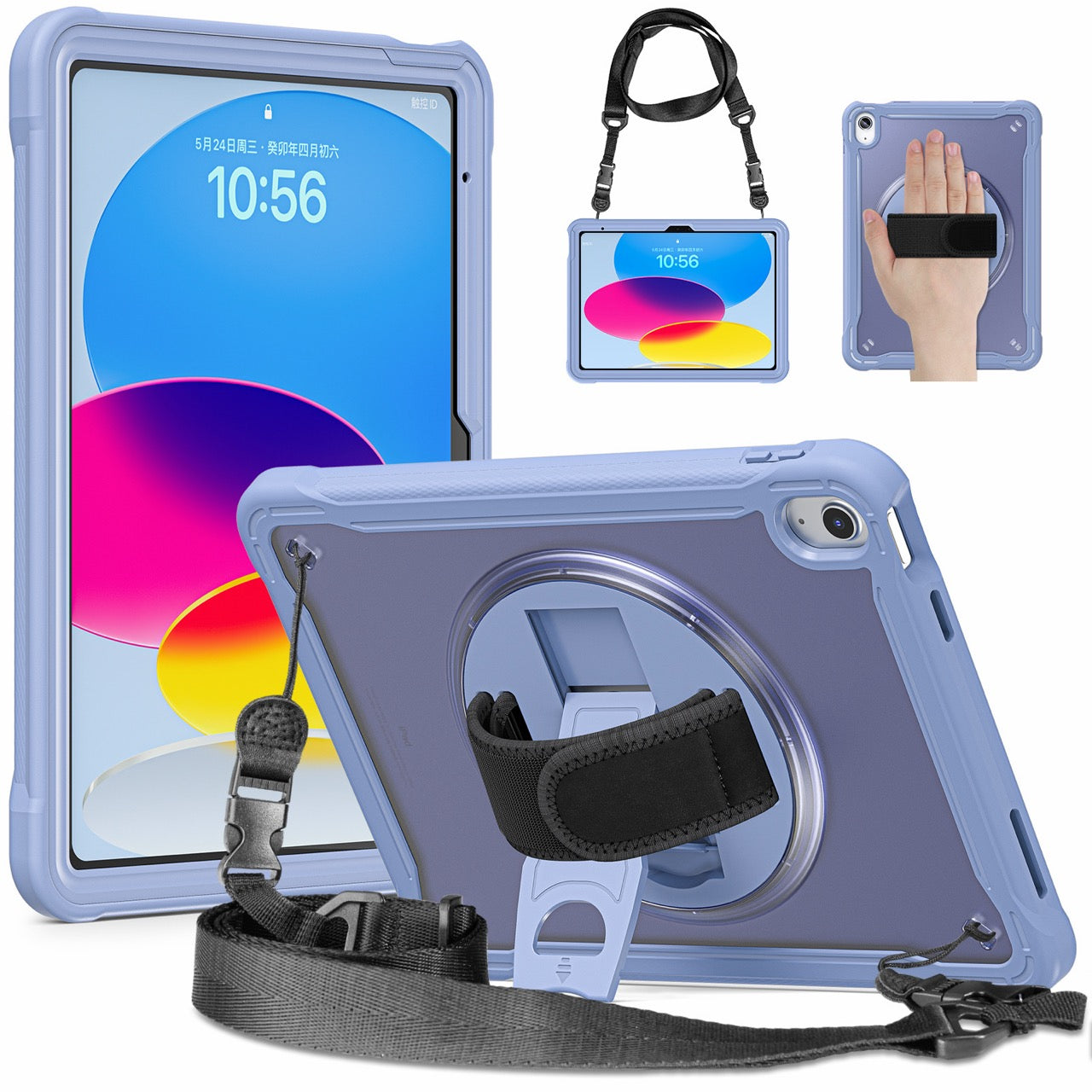 iPad 11" (A16, 2024) / iPad 10 (2022) Rugged Case - 360° Stand, Hand & Shoulder Strap - Shockproof - Lavender