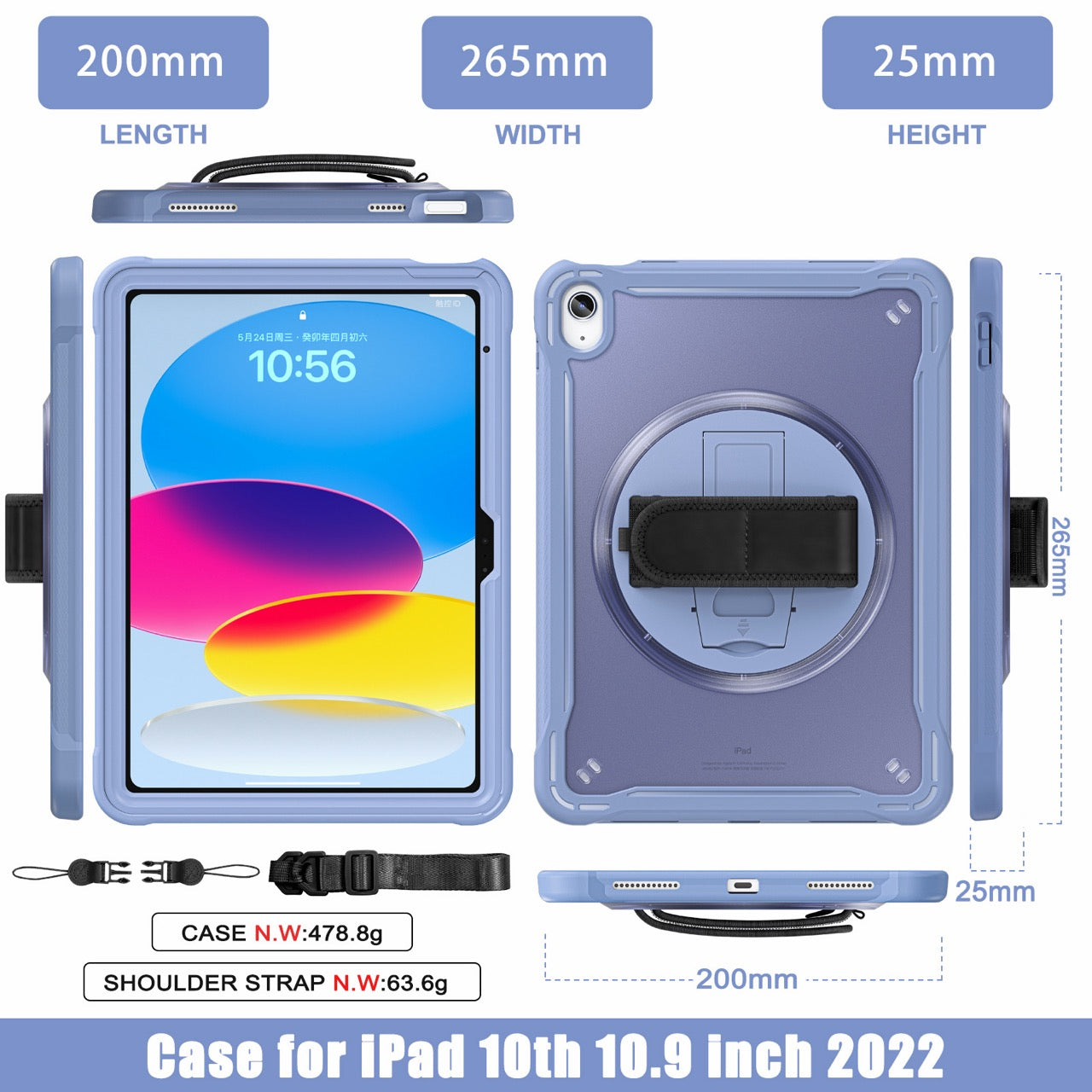 iPad 11" (A16, 2024) / iPad 10 (2022) Rugged Case - 360° Stand, Hand & Shoulder Strap - Shockproof - Lavender
