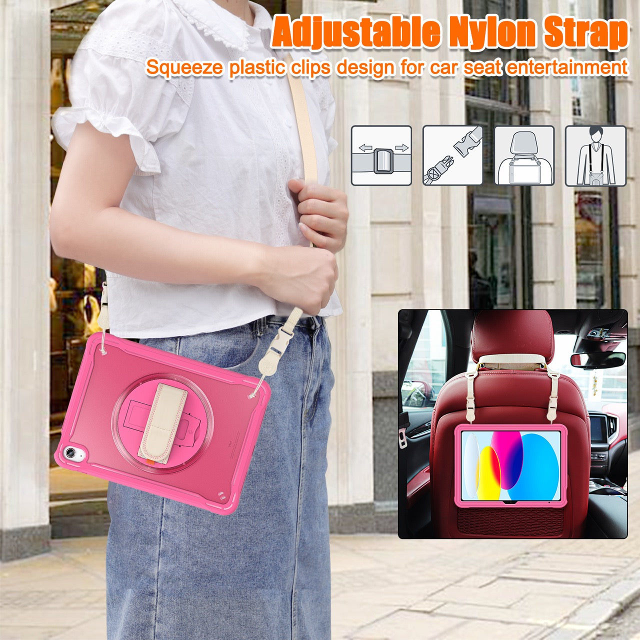 iPad 11" (A16, 2024) / iPad 10 (2022) Rugged Case - 360° Stand, Hand & Shoulder Strap - Shockproof - Rose