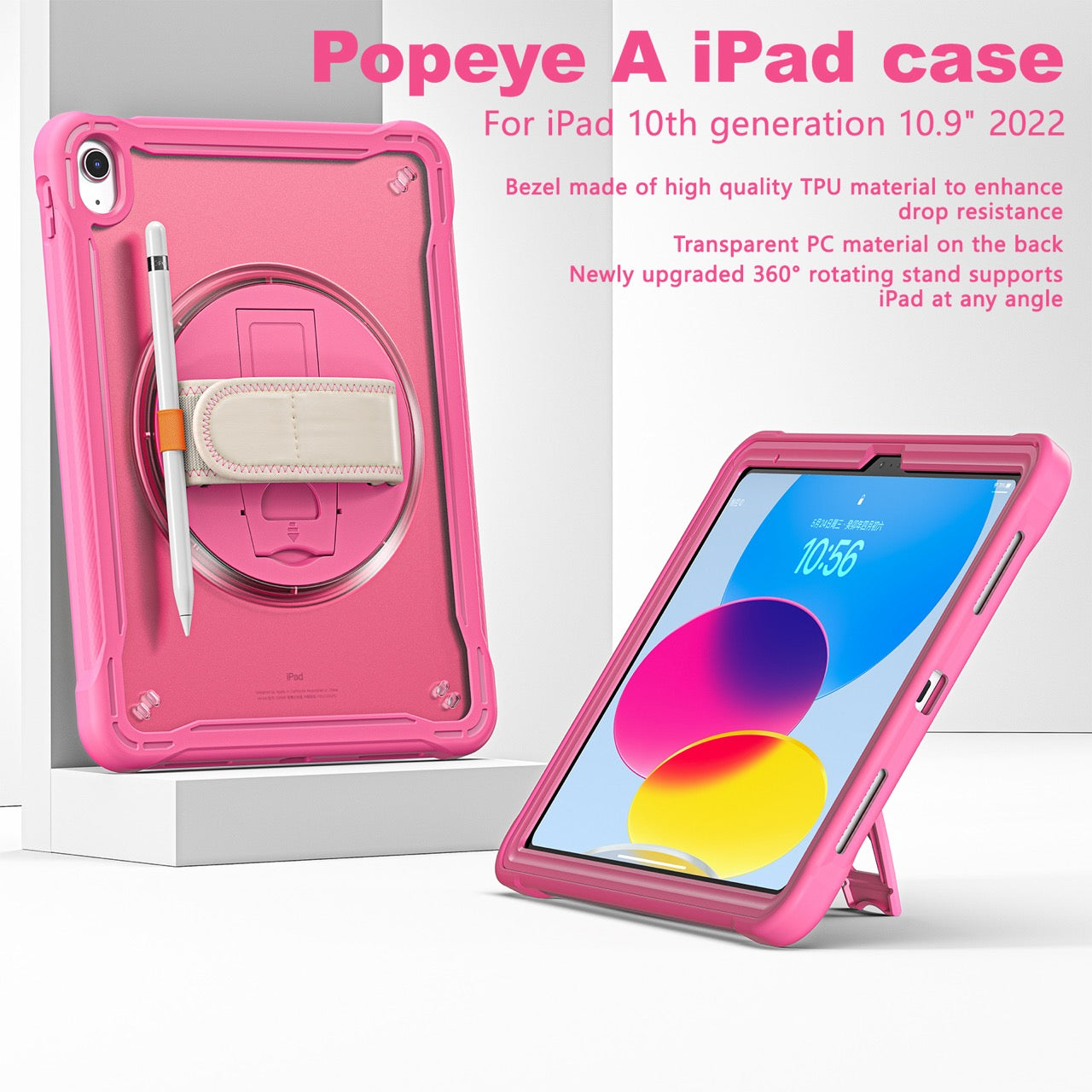 iPad 11" (A16, 2024) / iPad 10 (2022) Rugged Case - 360° Stand, Hand & Shoulder Strap - Shockproof - Rose