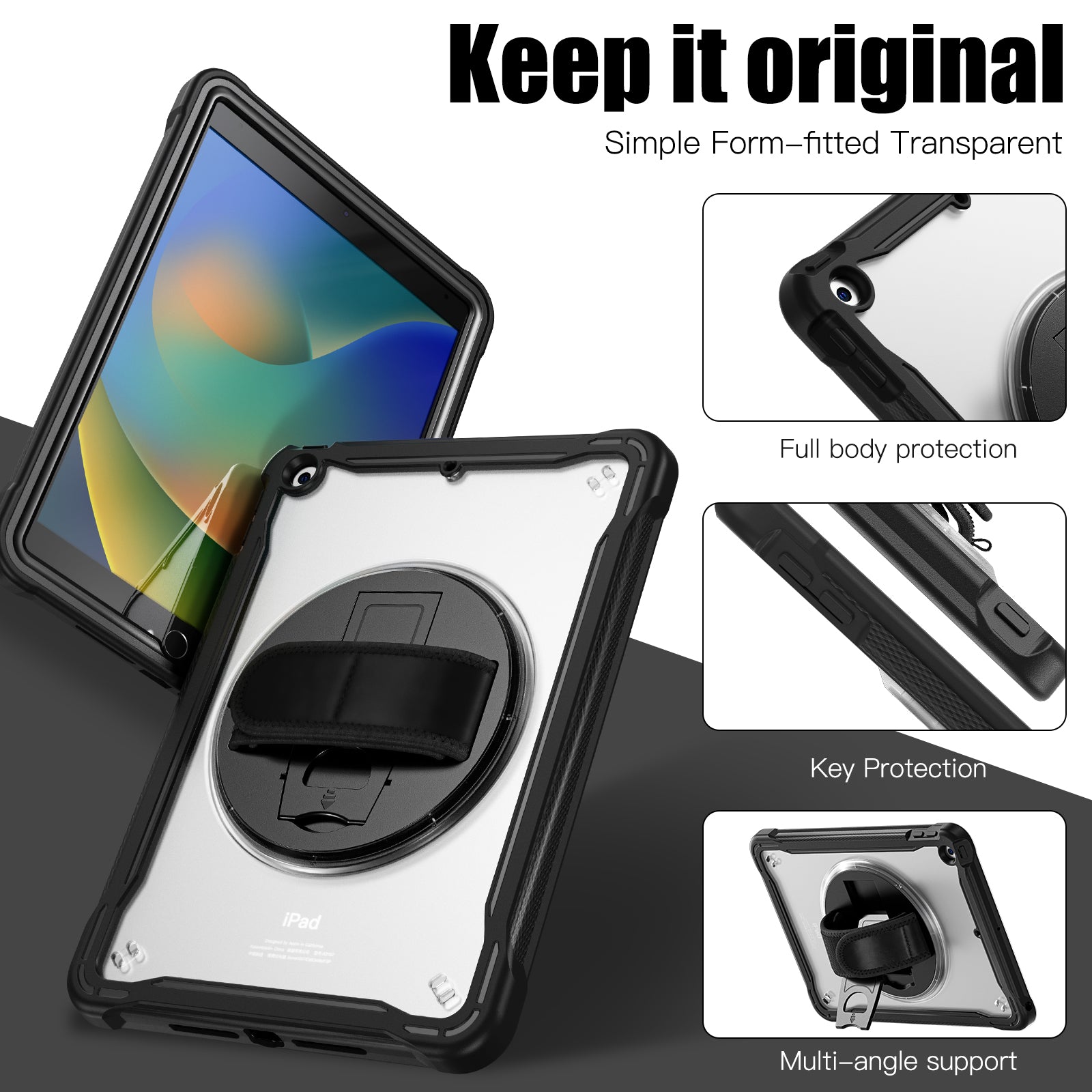 iPad 10.2" (7th/8th/9th Gen) Rugged Case - 360° Stand, Hand & Shoulder Strap - Shockproof - Black