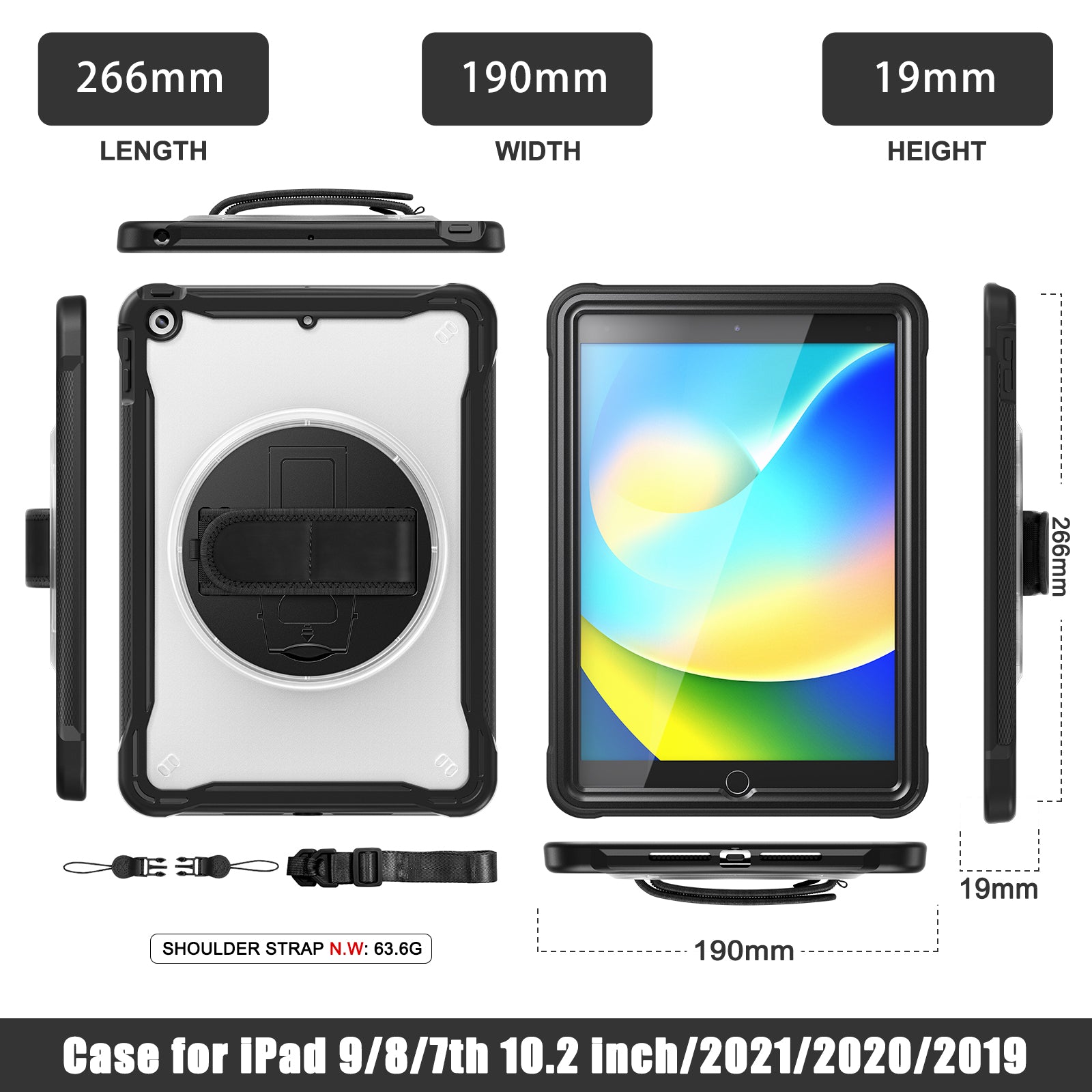 iPad 10.2" (7th/8th/9th Gen) Rugged Case - 360° Stand, Hand & Shoulder Strap - Shockproof - Black