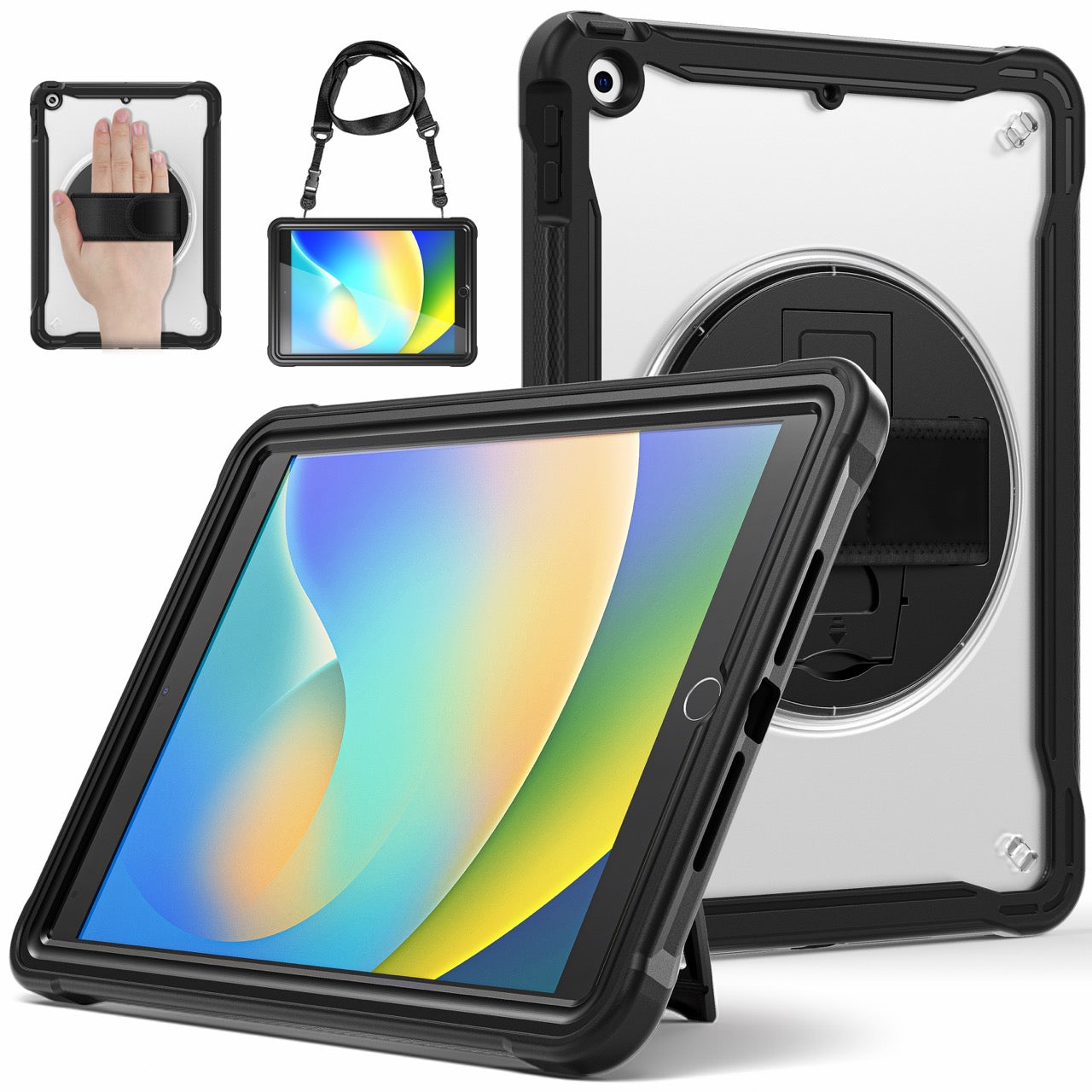 iPad 10.2" (7th/8th/9th Gen) Rugged Case - 360° Stand, Hand & Shoulder Strap - Shockproof - Black