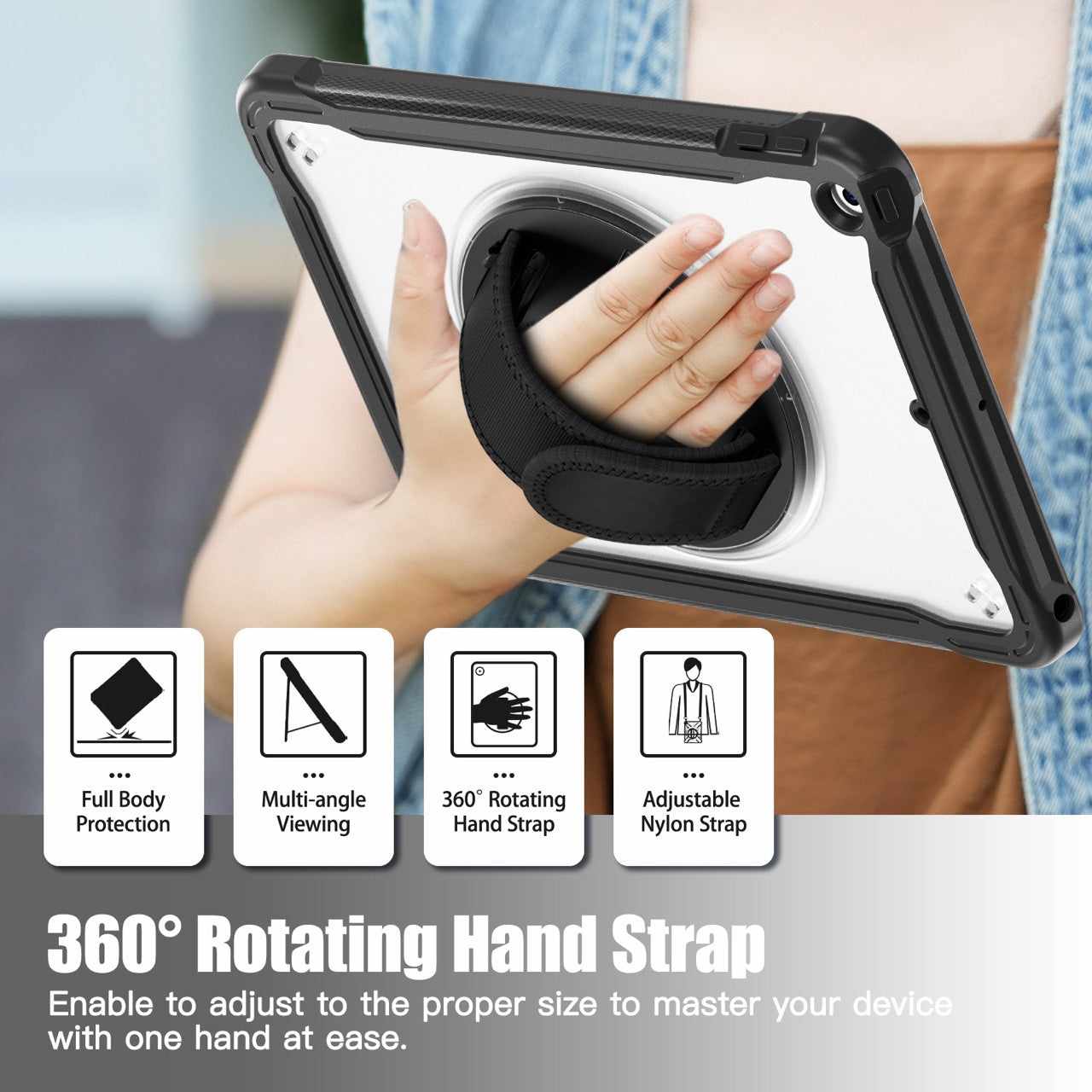 iPad 10.2" (7th/8th/9th Gen) Rugged Case - 360° Stand, Hand & Shoulder Strap - Shockproof - Black