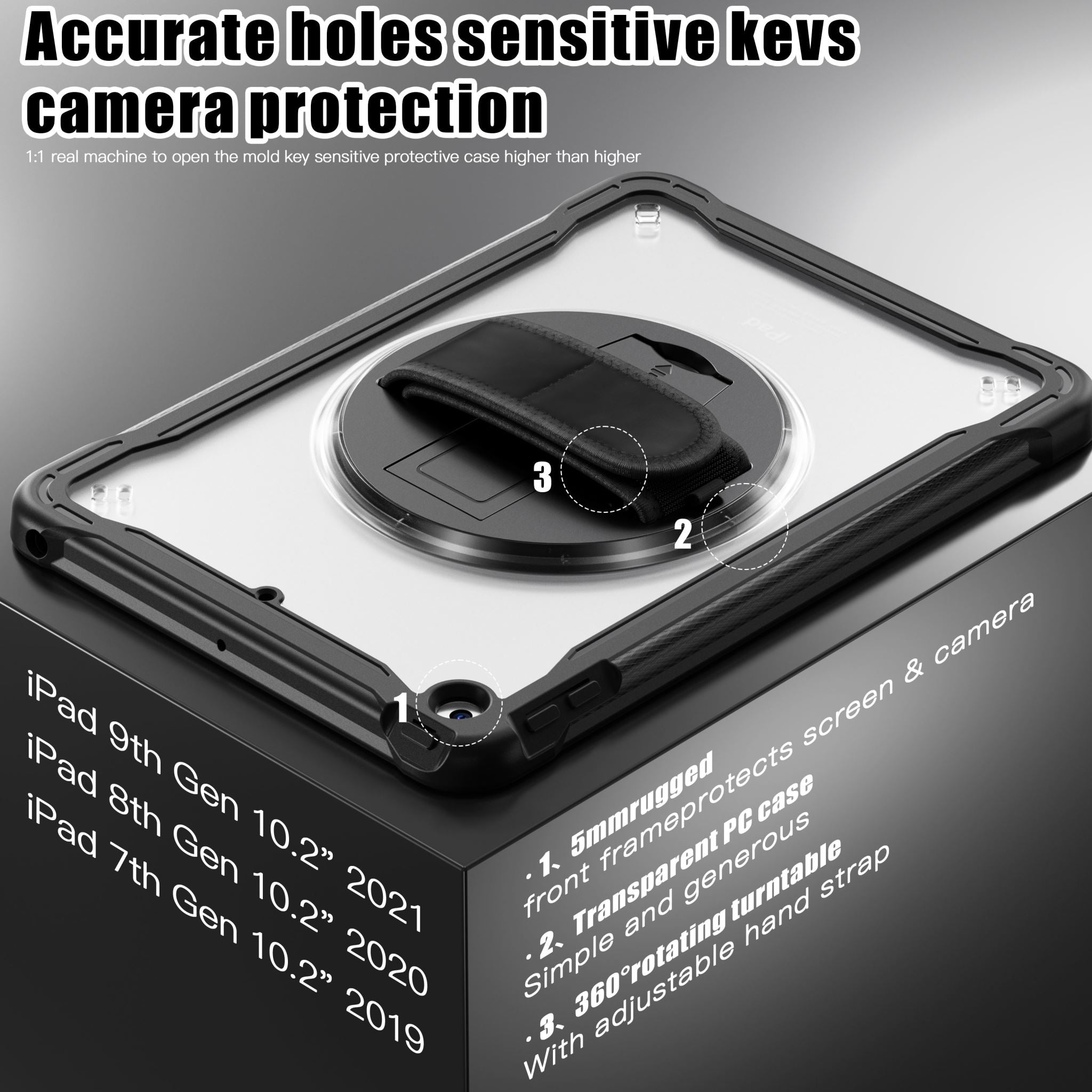 iPad 10.2" (7th/8th/9th Gen) Rugged Case - 360° Stand, Hand & Shoulder Strap - Shockproof - Black