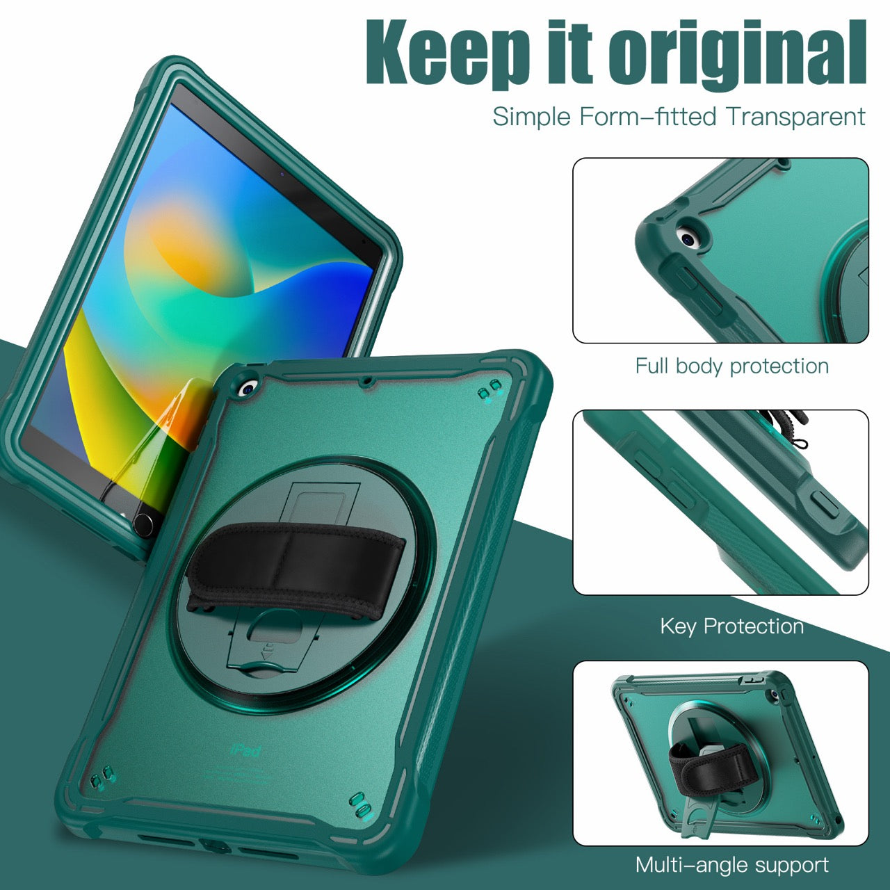 iPad 10.2" (7th/8th/9th Gen) Rugged Case - 360° Stand, Hand & Shoulder Strap - Shockproof - Green