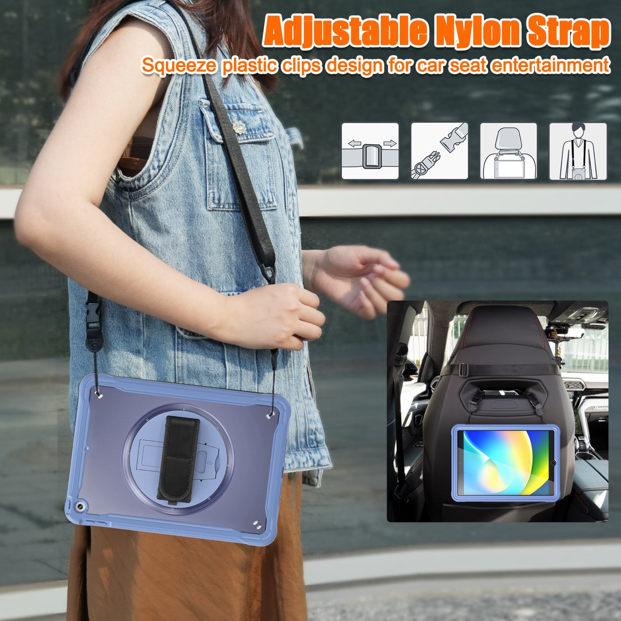 iPad 10.2" (7th/8th/9th Gen) Rugged Case - 360° Stand, Hand & Shoulder Strap - Shockproof - Lavender
