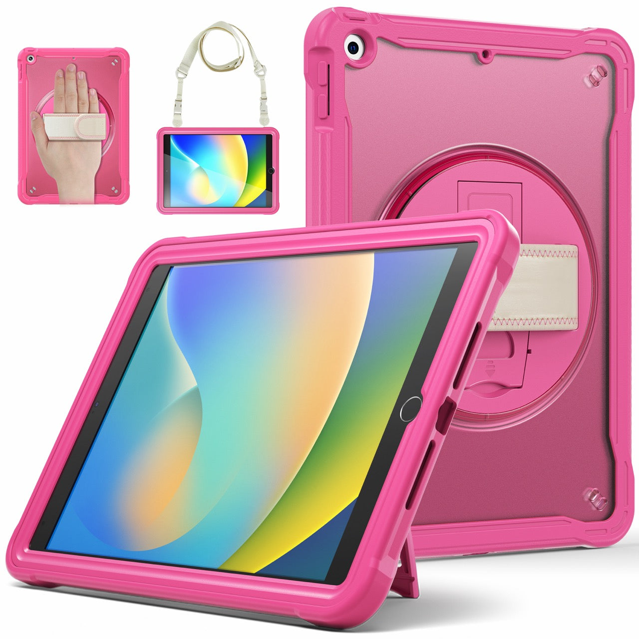 iPad 10.2" (7th/8th/9th Gen) Rugged Case - 360° Stand, Hand & Shoulder Strap - Shockproof - Rose
