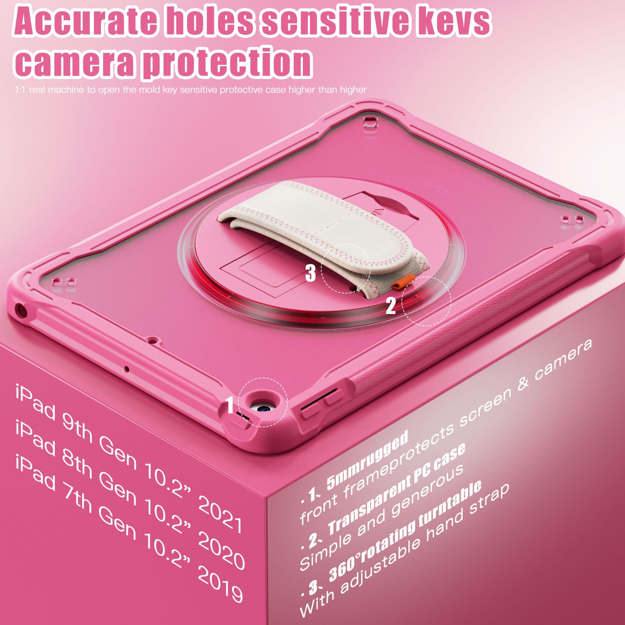 iPad 10.2" (7th/8th/9th Gen) Rugged Case - 360° Stand, Hand & Shoulder Strap - Shockproof - Rose