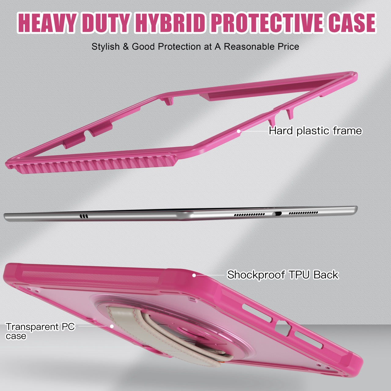 iPad 10.2" (7th/8th/9th Gen) Rugged Case - 360° Stand, Hand & Shoulder Strap - Shockproof - Rose