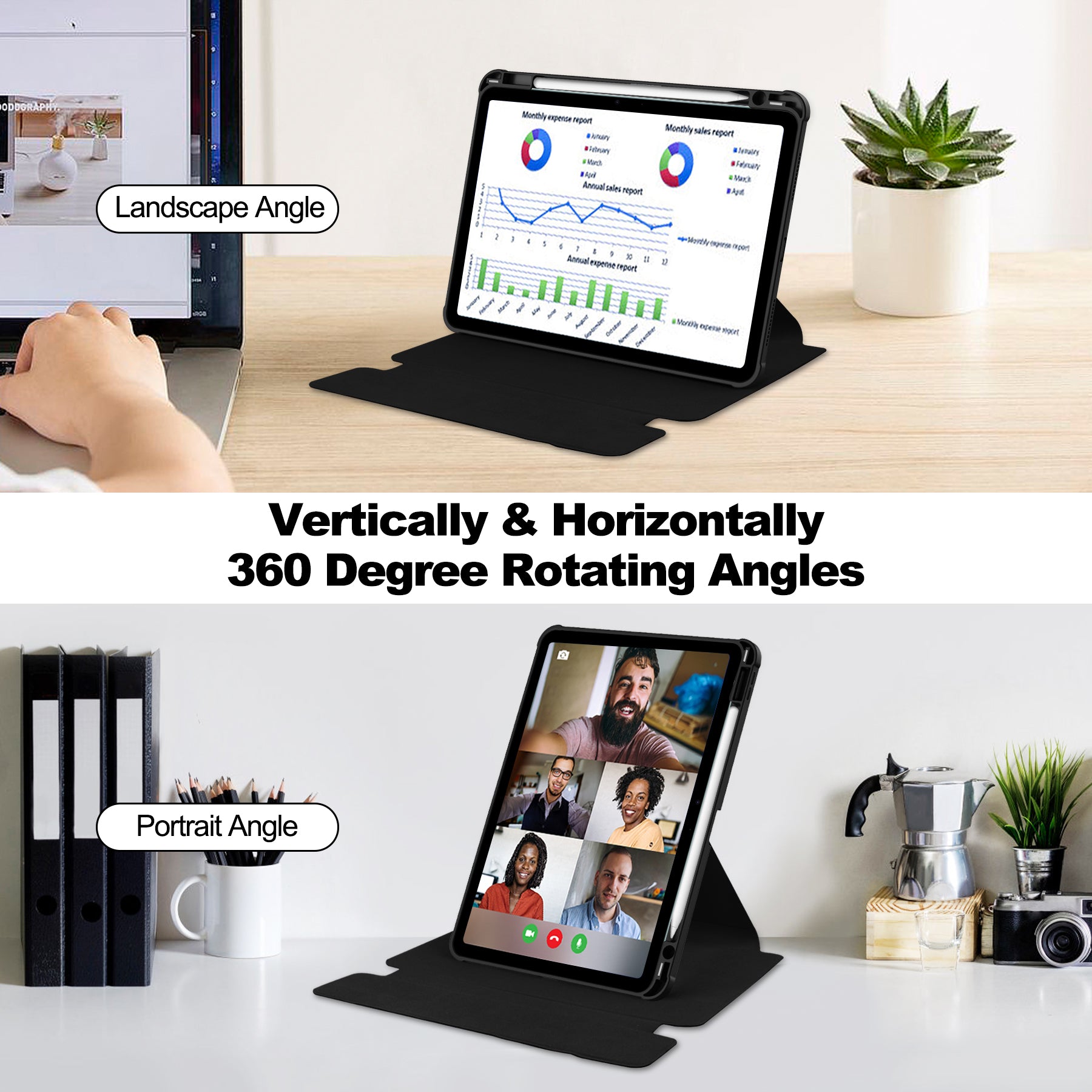 Rotating Acrylic Back PU Leather Case for iPad Air 11 (M2 2024 / M3 2025) / Air 5/6 with Pencil Holder [Black]