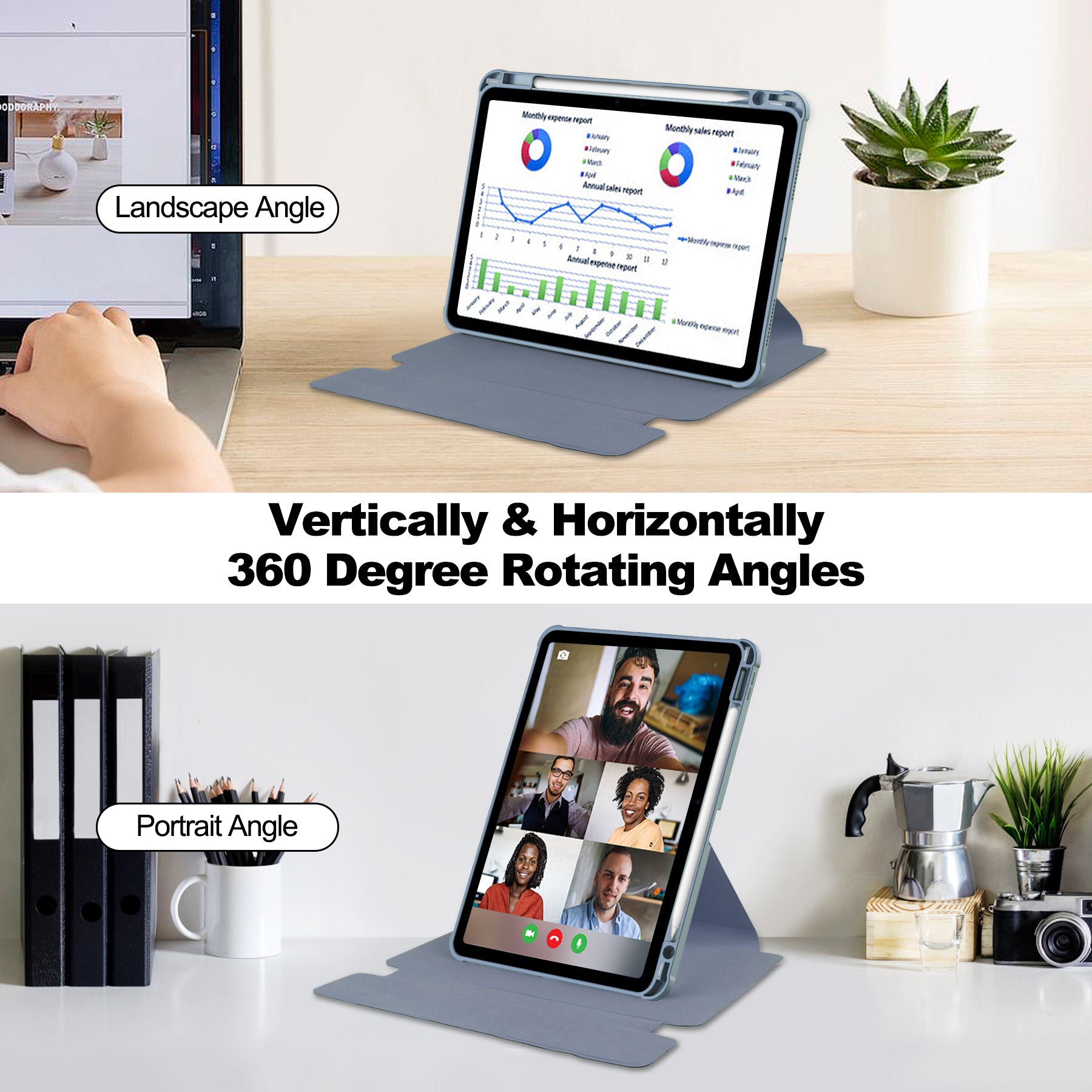 Rotating Acrylic Back PU Leather Case for iPad Air 11 (M2 2024 / M3 2025) / Air 5/6 with Pencil Holder [Lavender]