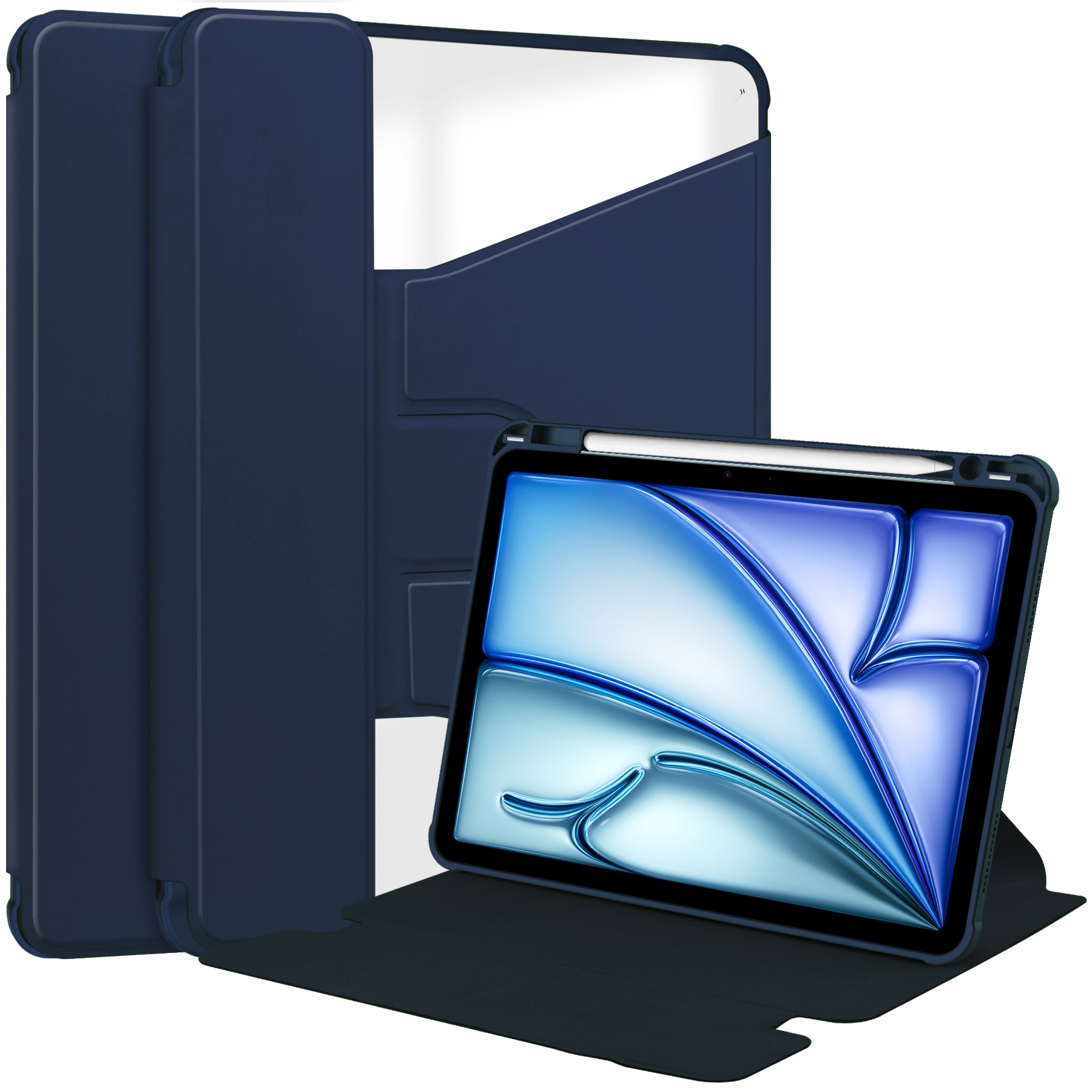 Rotating Acrylic Back PU Leather Case for iPad Air 11 (M2 2024 / M3 2025) / Air 5/6 with Pencil Holder [Navy]