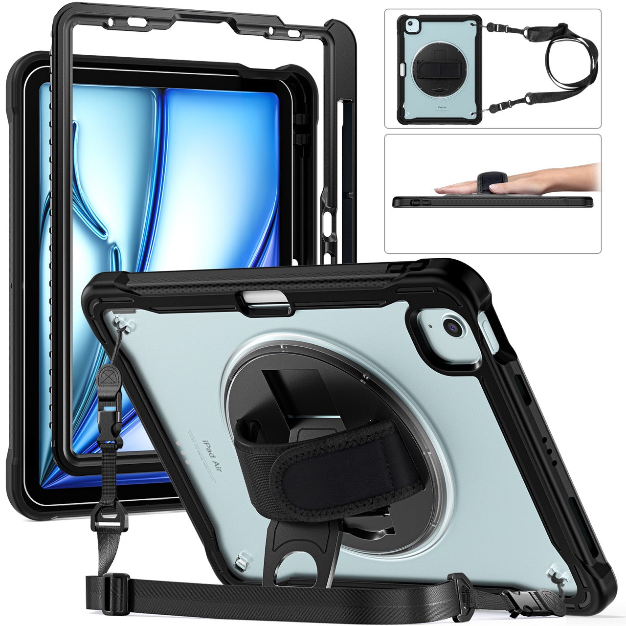 iPad Air 11" / 10.9" Rugged Case - 360° Stand, Hand & Shoulder Strap - Shockproof (M2/M3/M4) - Black