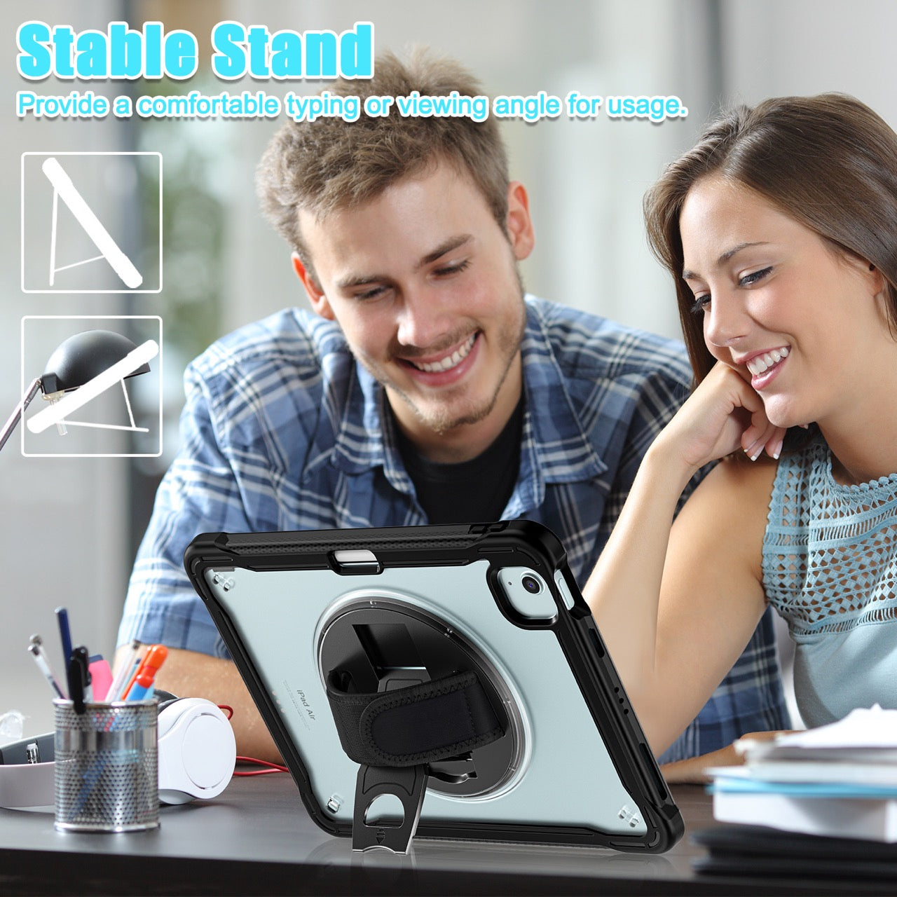 iPad Air 11" / 10.9" Rugged Case - 360° Stand, Hand & Shoulder Strap - Shockproof (M2/M3/M4) - Black