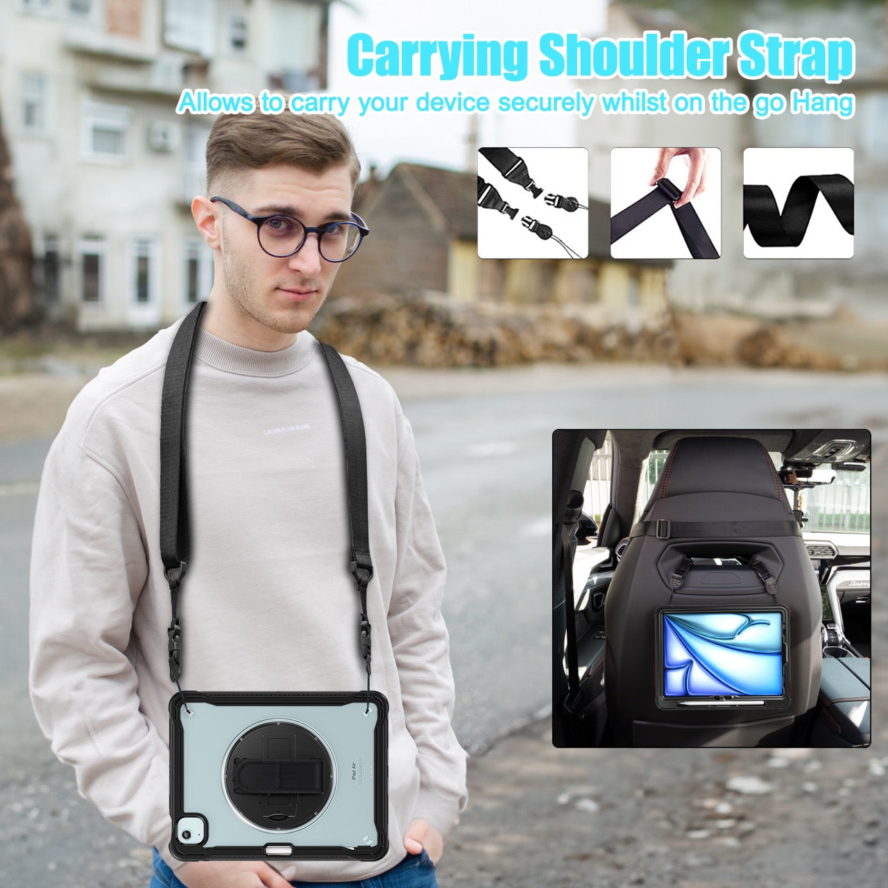 iPad Air 11" / 10.9" Rugged Case - 360° Stand, Hand & Shoulder Strap - Shockproof (M2/M3/M4) - Black