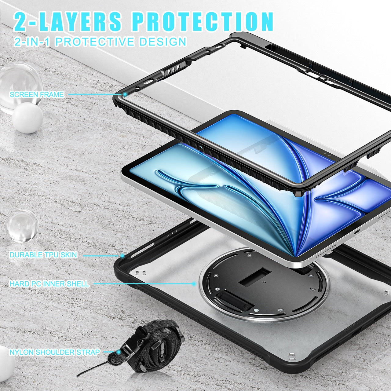 iPad Air 11" / 10.9" Rugged Case - 360° Stand, Hand & Shoulder Strap - Shockproof (M2/M3/M4) - Black