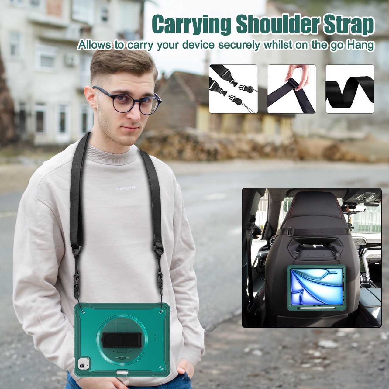 iPad Air 11" / 10.9" Rugged Case - 360° Stand, Hand & Shoulder Strap - Shockproof (M2/M3/M4) - Green