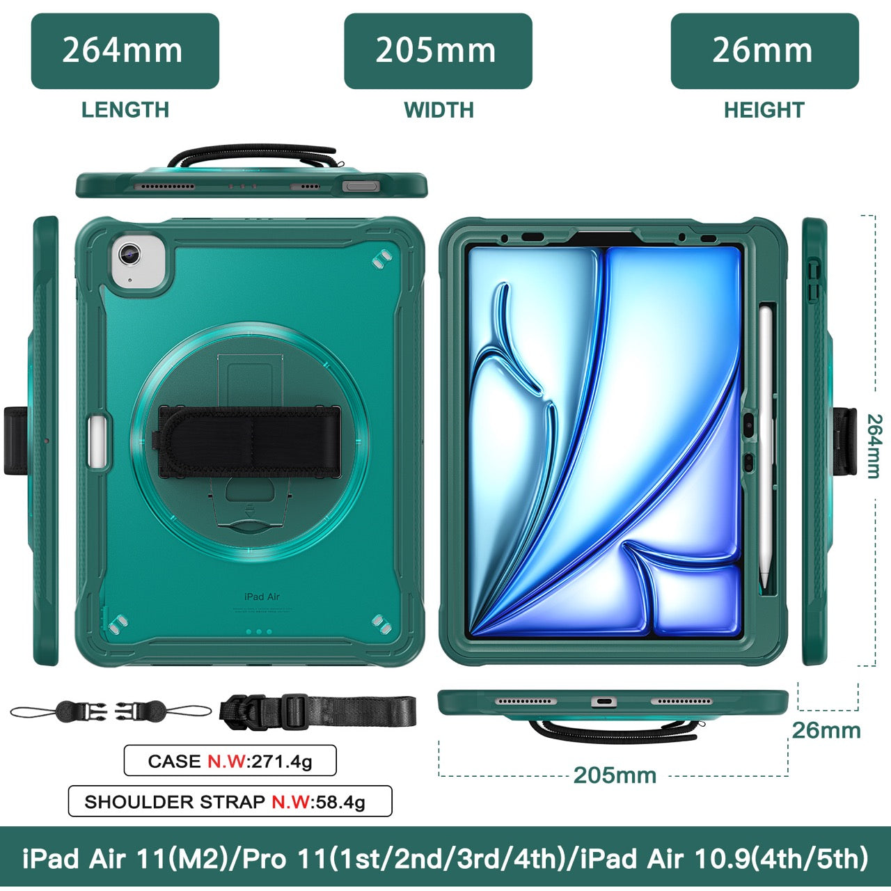 iPad Air 11" / 10.9" Rugged Case - 360° Stand, Hand & Shoulder Strap - Shockproof (M2/M3/M4) - Green