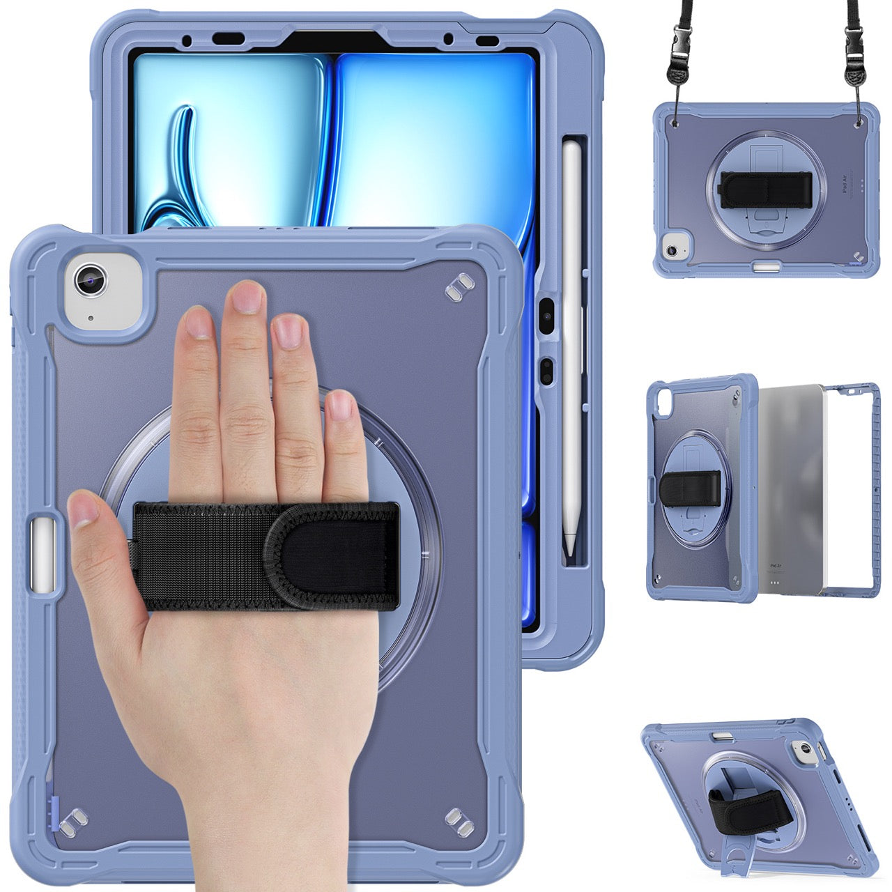 iPad Air 11" / 10.9" Rugged Case - 360° Stand, Hand & Shoulder Strap - Shockproof (M2/M3/M4) - Lavender