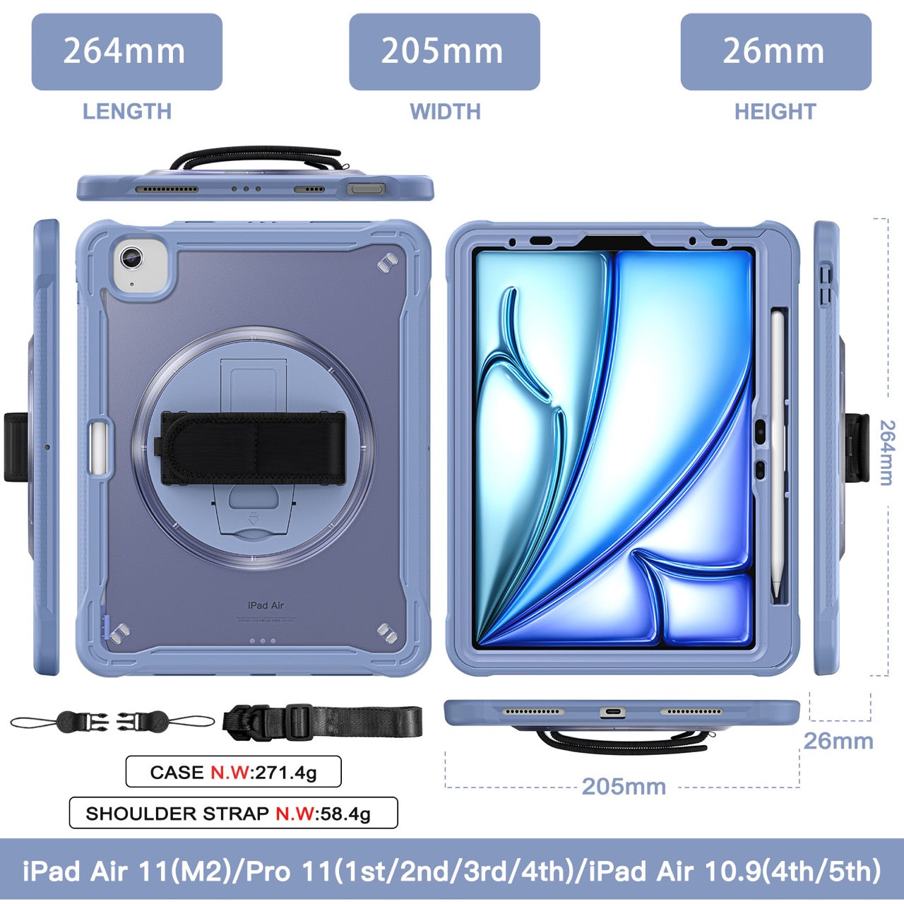 iPad Air 11" / 10.9" Rugged Case - 360° Stand, Hand & Shoulder Strap - Shockproof (M2/M3/M4) - Lavender