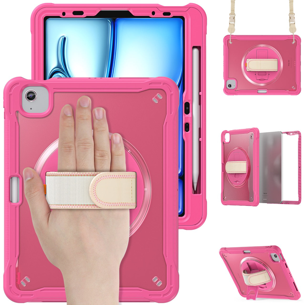 iPad Air 11" / 10.9" Rugged Case - 360° Stand, Hand & Shoulder Strap - Shockproof (M2/M3/M4) - Rose