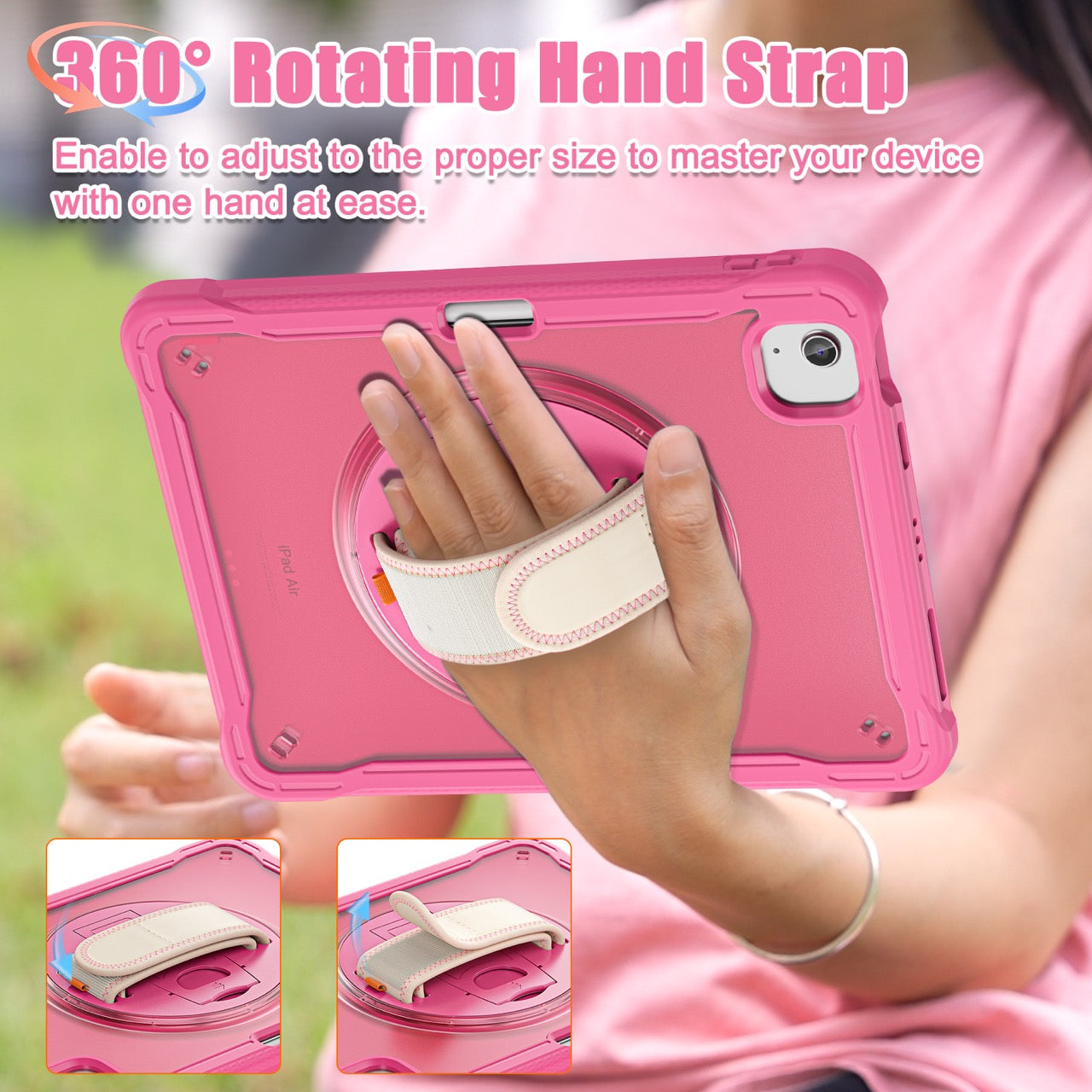iPad Air 11" / 10.9" Rugged Case - 360° Stand, Hand & Shoulder Strap - Shockproof (M2/M3/M4) - Rose