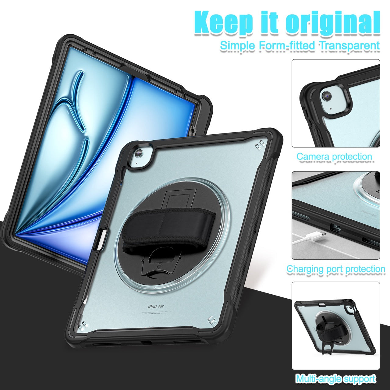 iPad Air 13" Rugged Case (M2/M3/M4) - 360° Stand, Hand & Shoulder Strap - Shockproof - Black