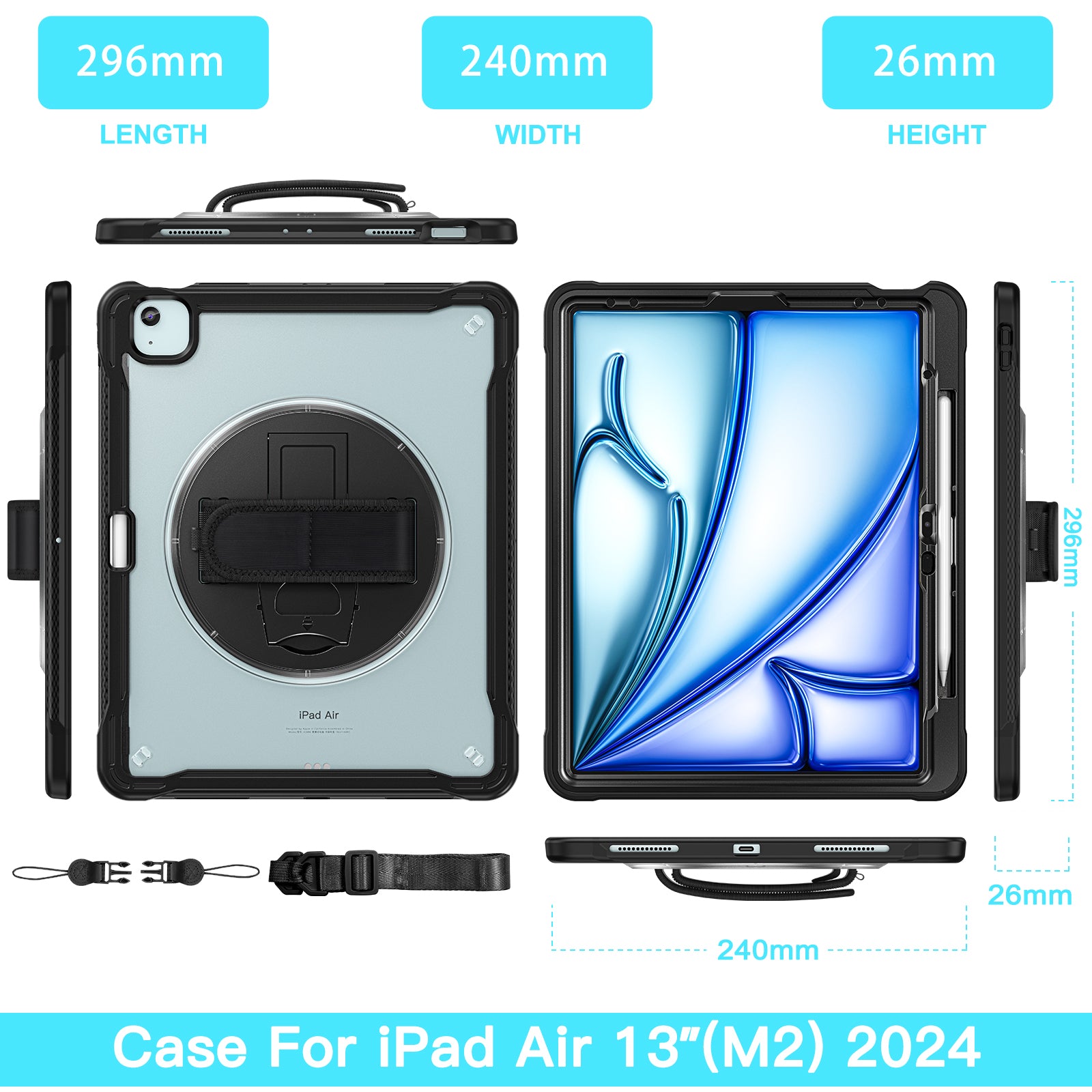 iPad Air 13" Rugged Case (M2/M3/M4) - 360° Stand, Hand & Shoulder Strap - Shockproof - Black