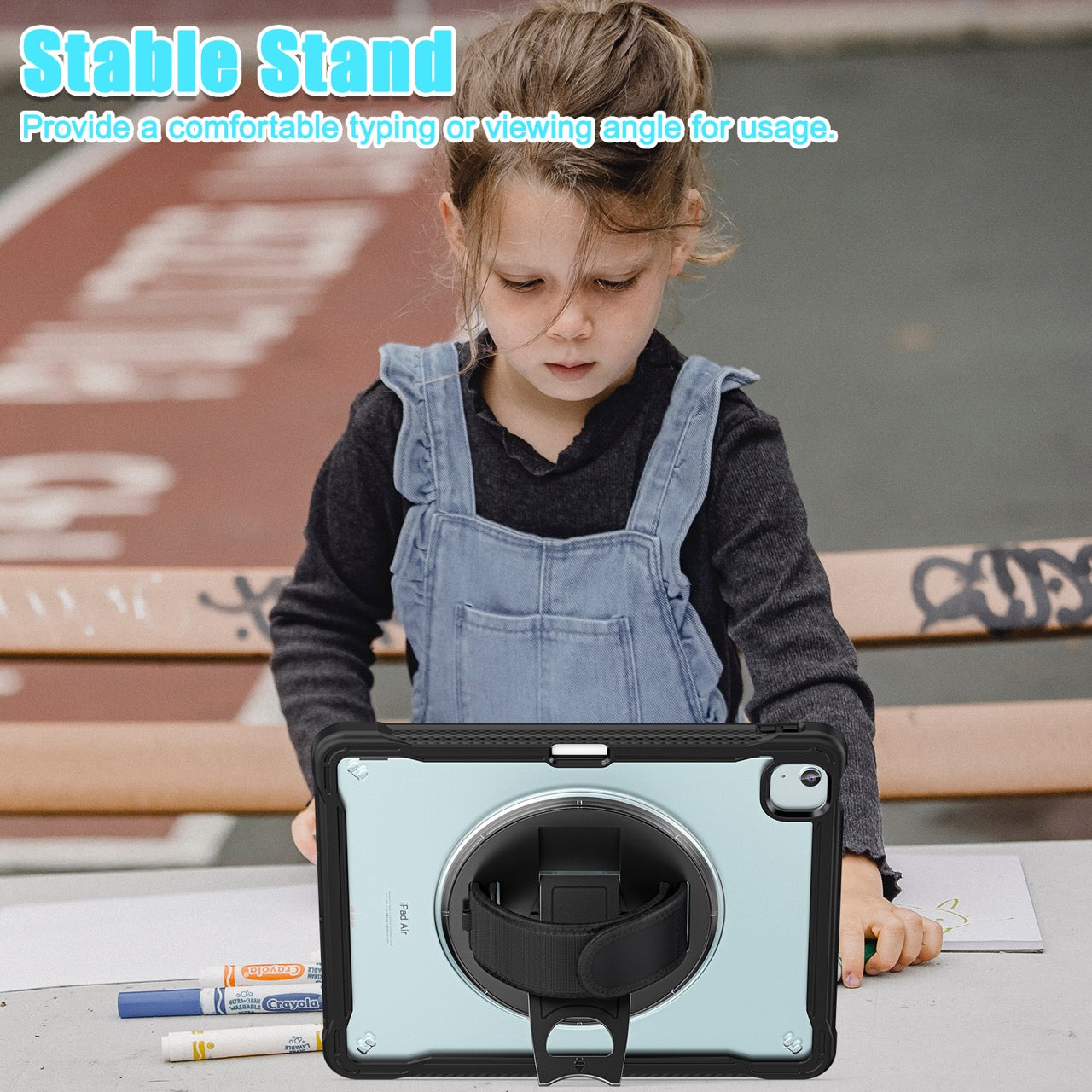 iPad Air 13" Rugged Case (M2/M3/M4) - 360° Stand, Hand & Shoulder Strap - Shockproof - Black