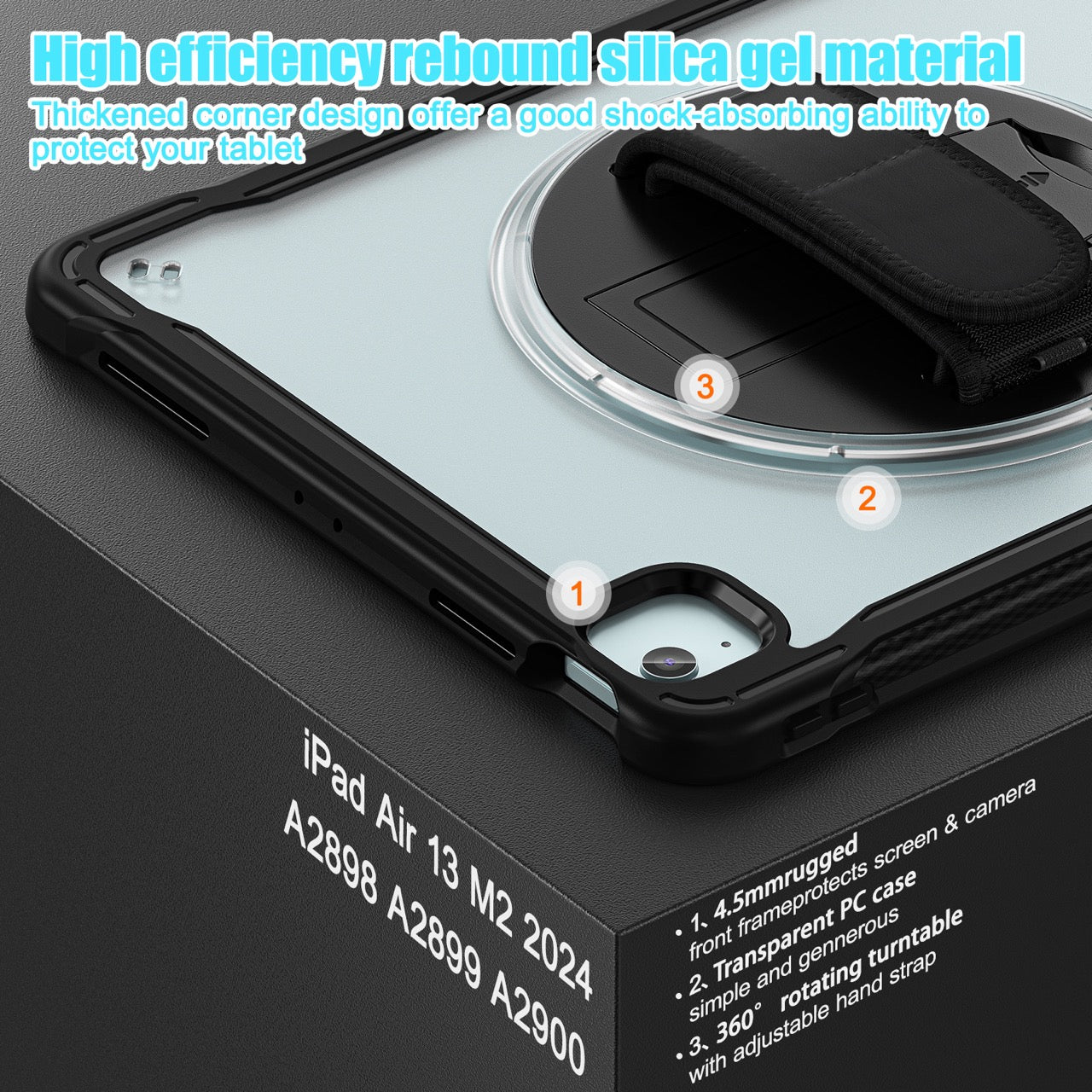 iPad Air 13" Rugged Case (M2/M3/M4) - 360° Stand, Hand & Shoulder Strap - Shockproof - Black