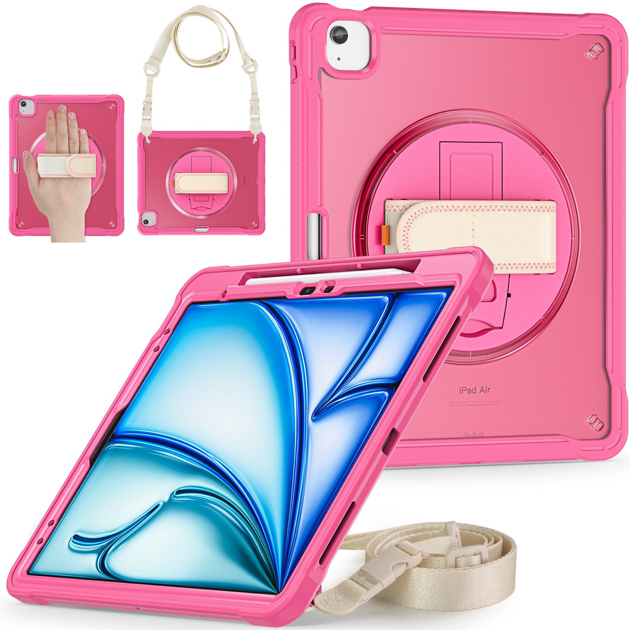 iPad Air 13" Rugged Case (M2/M3/M4) - 360° Stand, Hand & Shoulder Strap - Shockproof - Rose