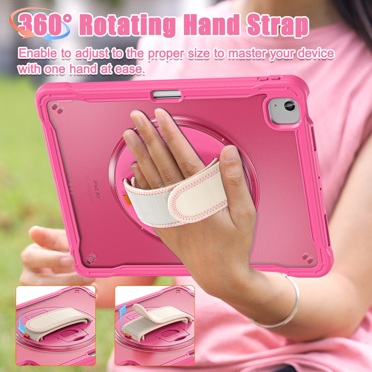 iPad Air 13" Rugged Case (M2/M3/M4) - 360° Stand, Hand & Shoulder Strap - Shockproof - Rose