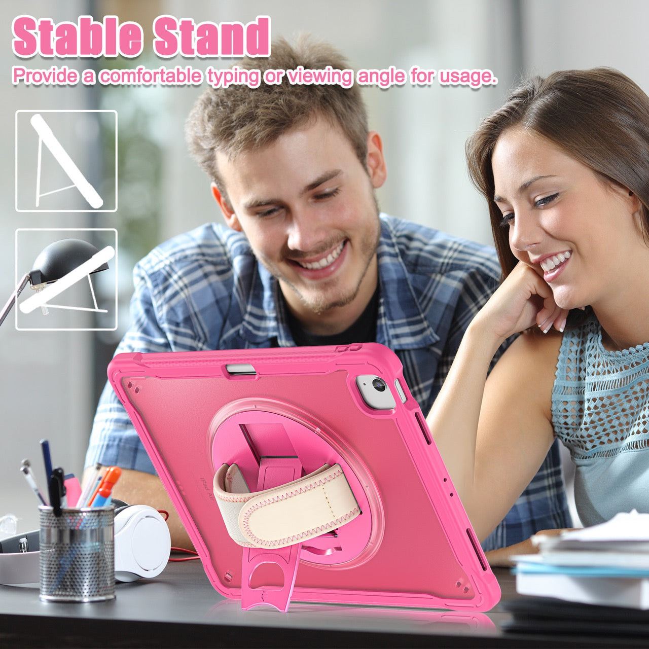 iPad Air 13" Rugged Case (M2/M3/M4) - 360° Stand, Hand & Shoulder Strap - Shockproof - Rose