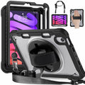 iPad Mini 6 / 7 (A17 Pro) Rugged Case - 360° Stand, Hand & Shoulder Strap - Shockproof - Black - Black