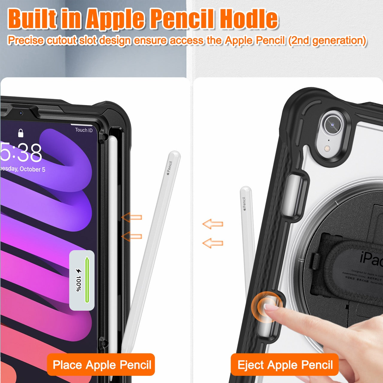 iPad Mini 6 / 7 (A17 Pro) Rugged Case - 360° Stand, Hand & Shoulder Strap - Shockproof - Black