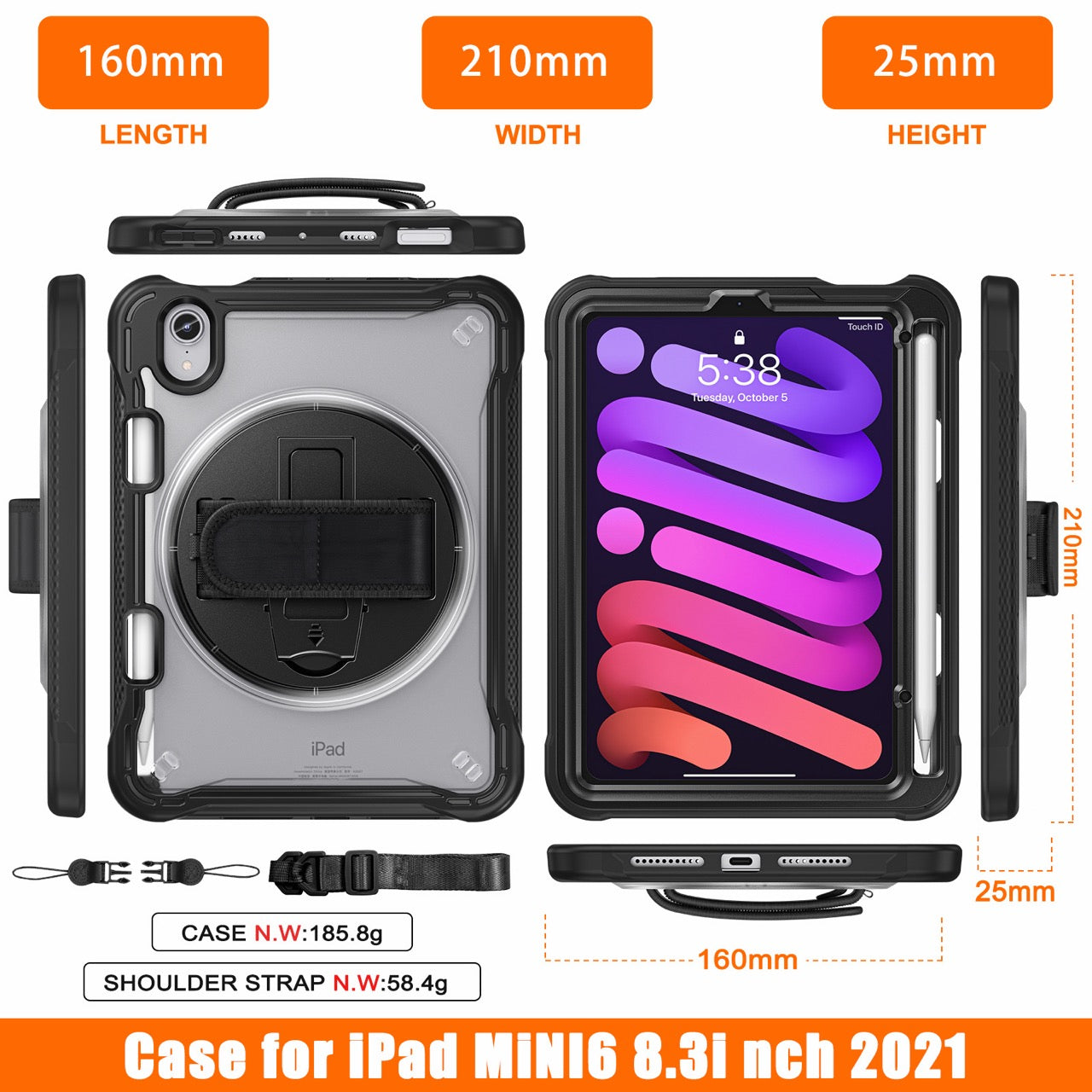iPad Mini 6 / 7 (A17 Pro) Rugged Case - 360° Stand, Hand & Shoulder Strap - Shockproof - Black