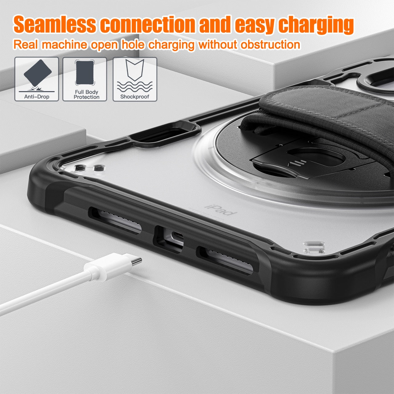 iPad Mini 6 / 7 (A17 Pro) Rugged Case - 360° Stand, Hand & Shoulder Strap - Shockproof - Black