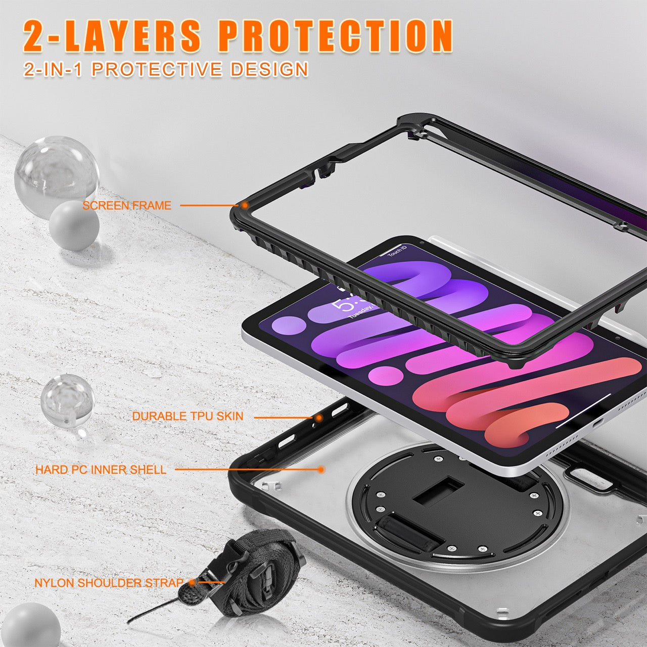 iPad Mini 6 / 7 (A17 Pro) Rugged Case - 360° Stand, Hand & Shoulder Strap - Shockproof - Black