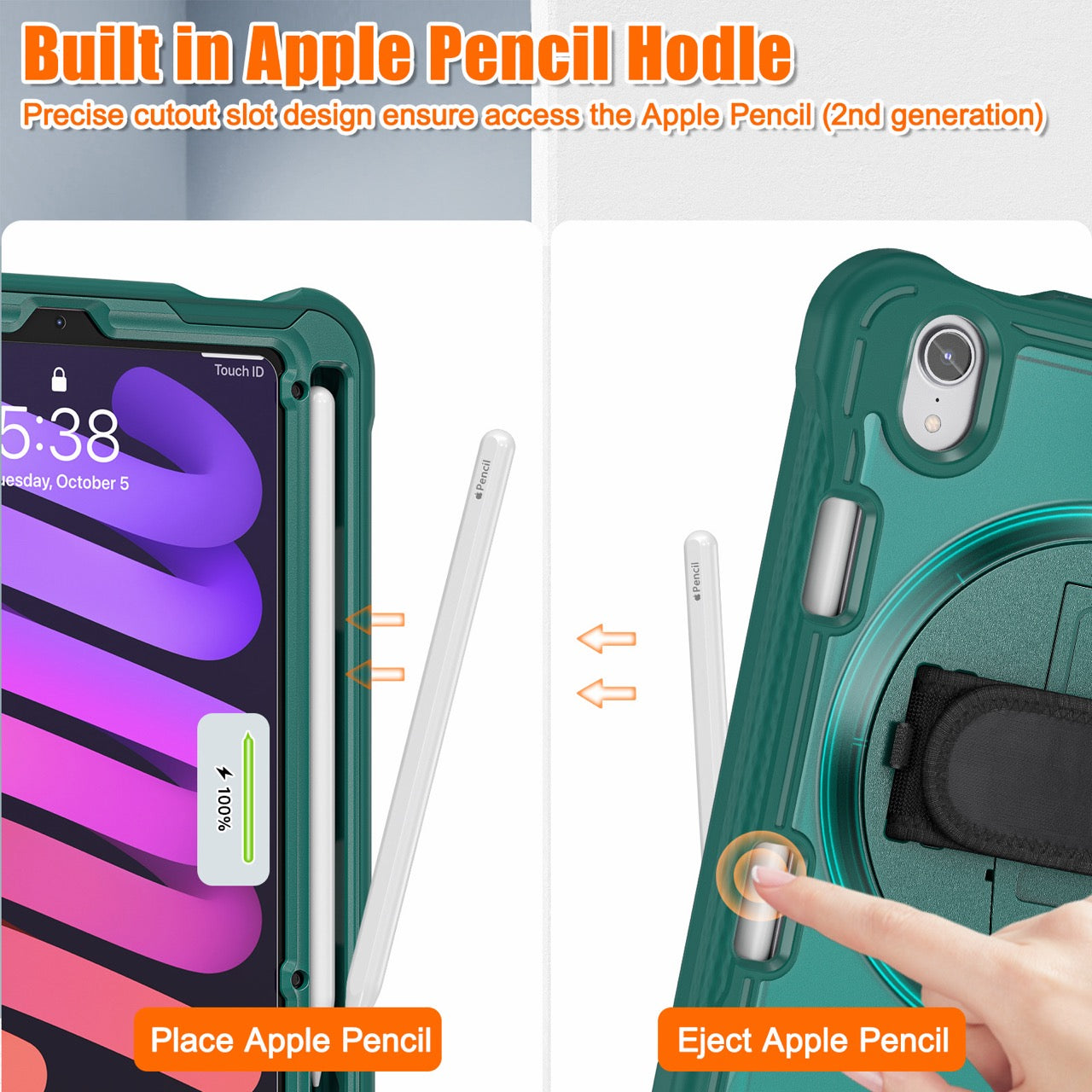 iPad Mini 6 / 7 (A17 Pro) Rugged Case - 360° Stand, Hand & Shoulder Strap - Shockproof - Green