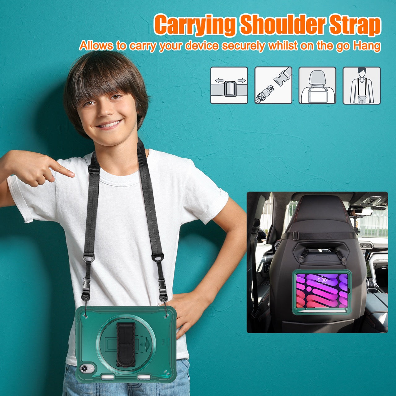 iPad Mini 6 / 7 (A17 Pro) Rugged Case - 360° Stand, Hand & Shoulder Strap - Shockproof - Green