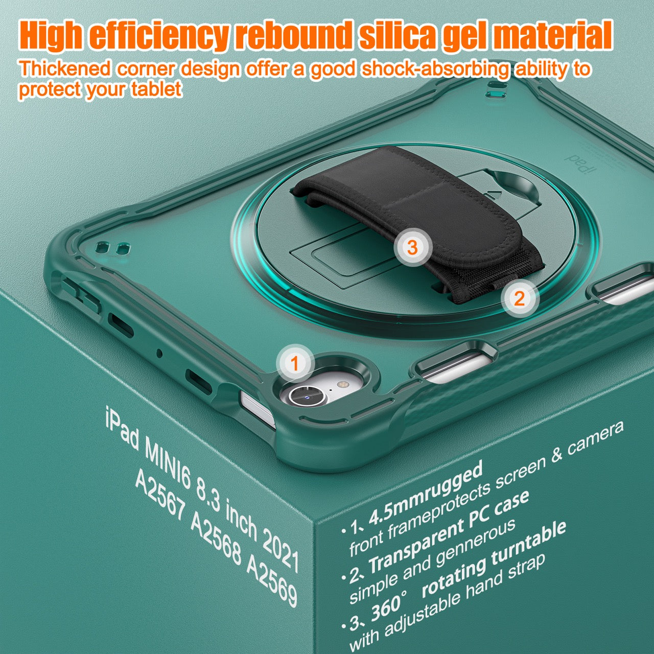iPad Mini 6 / 7 (A17 Pro) Rugged Case - 360° Stand, Hand & Shoulder Strap - Shockproof - Green