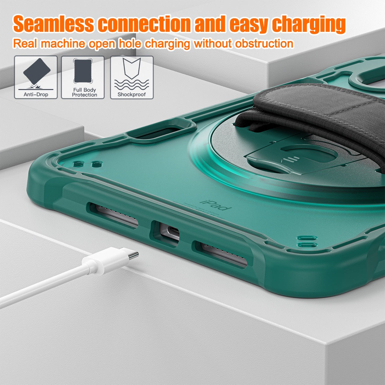 iPad Mini 6 / 7 (A17 Pro) Rugged Case - 360° Stand, Hand & Shoulder Strap - Shockproof - Green