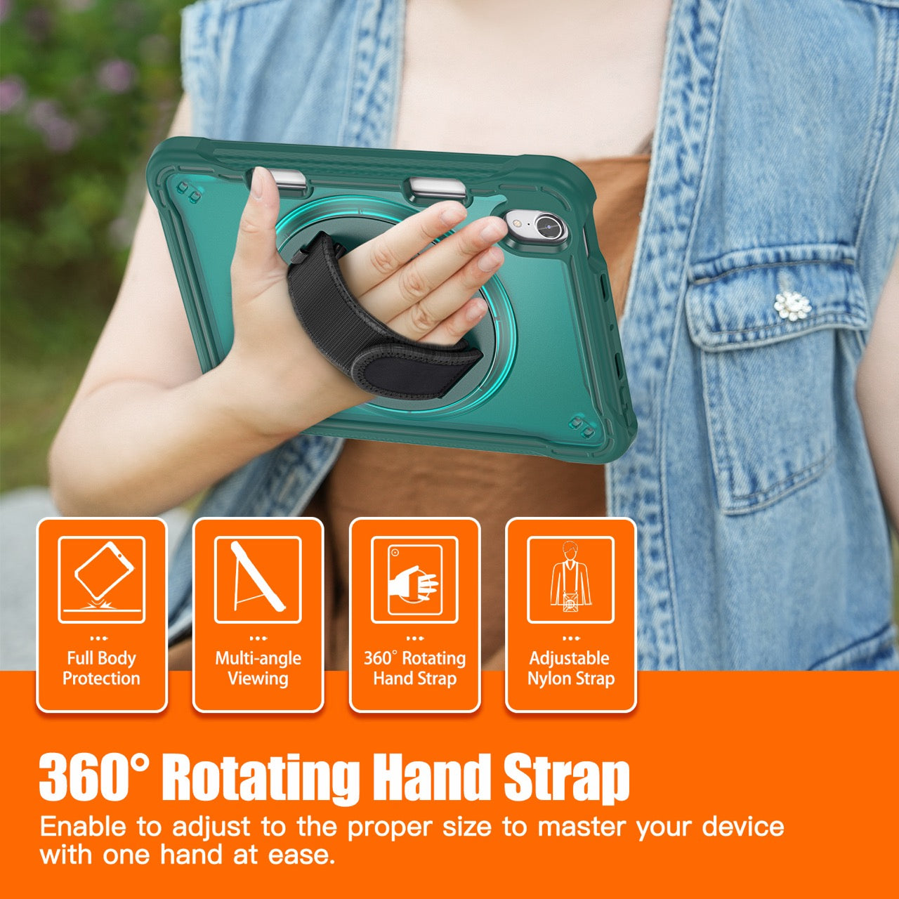 iPad Mini 6 / 7 (A17 Pro) Rugged Case - 360° Stand, Hand & Shoulder Strap - Shockproof - Green