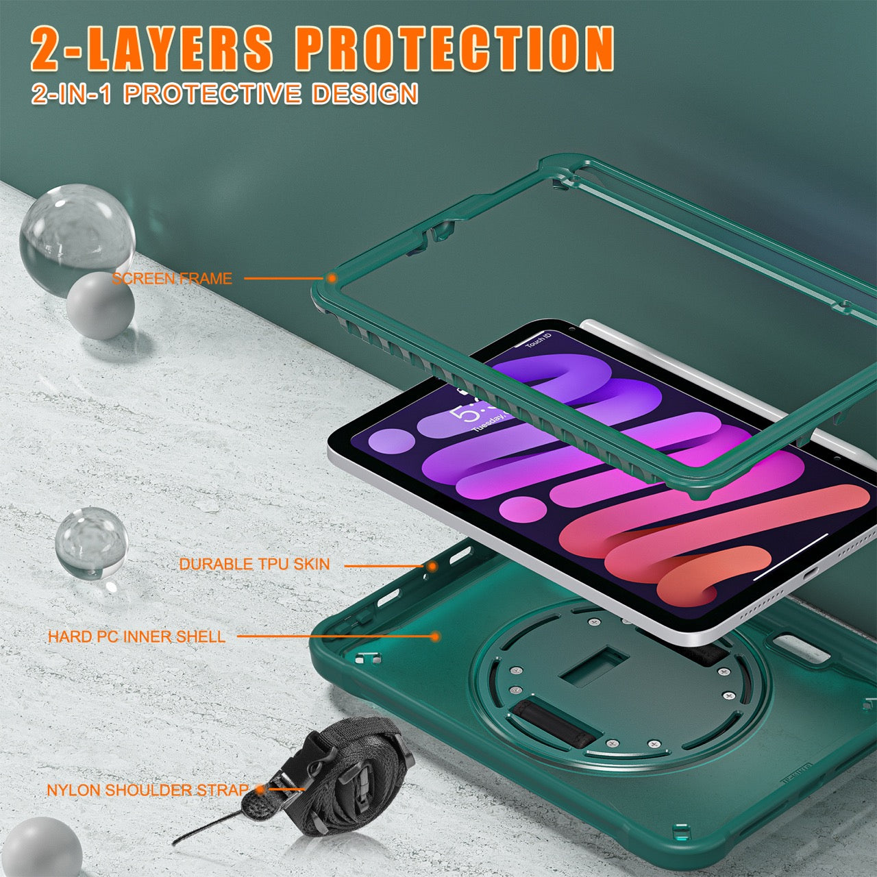 iPad Mini 6 / 7 (A17 Pro) Rugged Case - 360° Stand, Hand & Shoulder Strap - Shockproof - Green