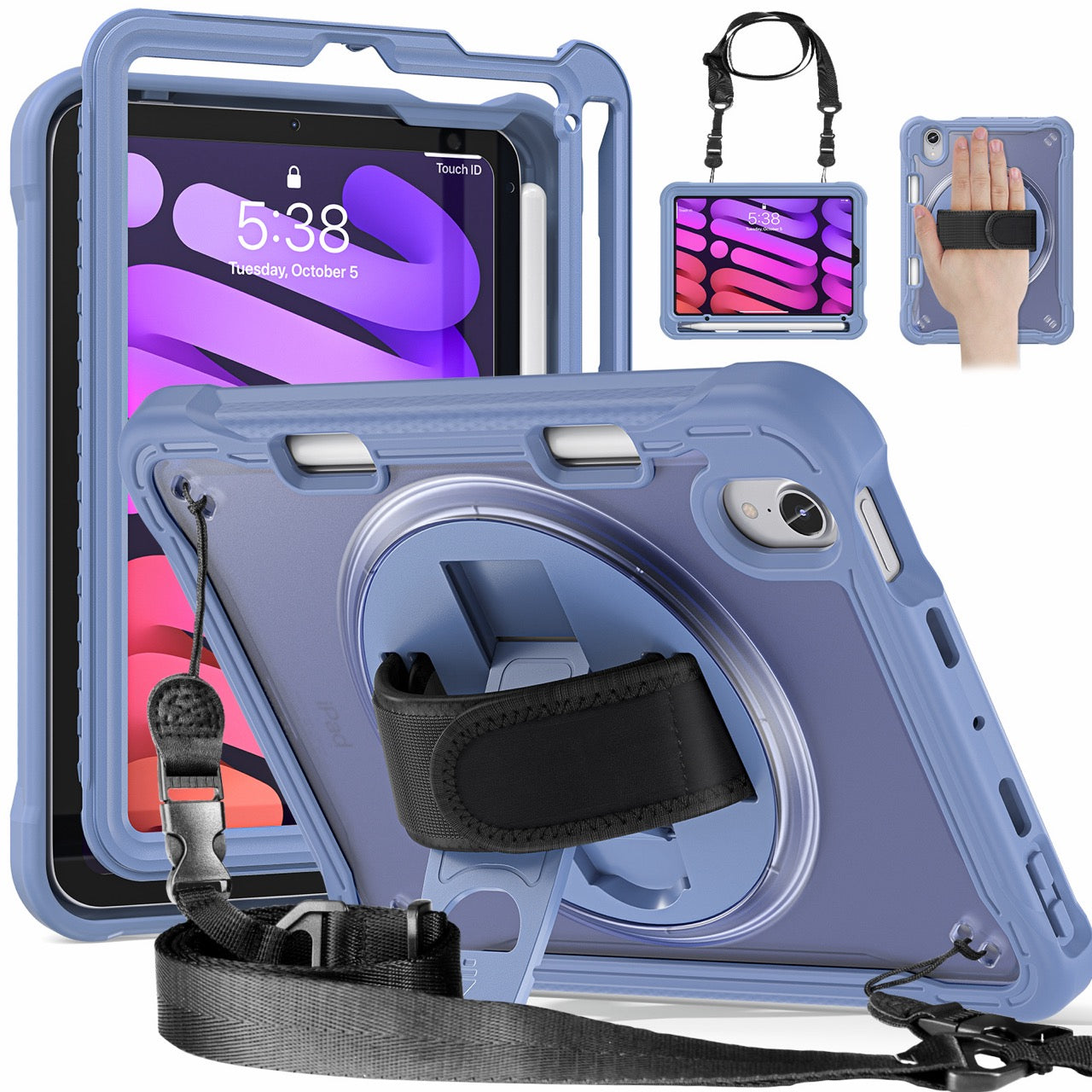 iPad Mini 6 / 7 (A17 Pro) Rugged Case - 360° Stand, Hand & Shoulder Strap - Shockproof - Lavender