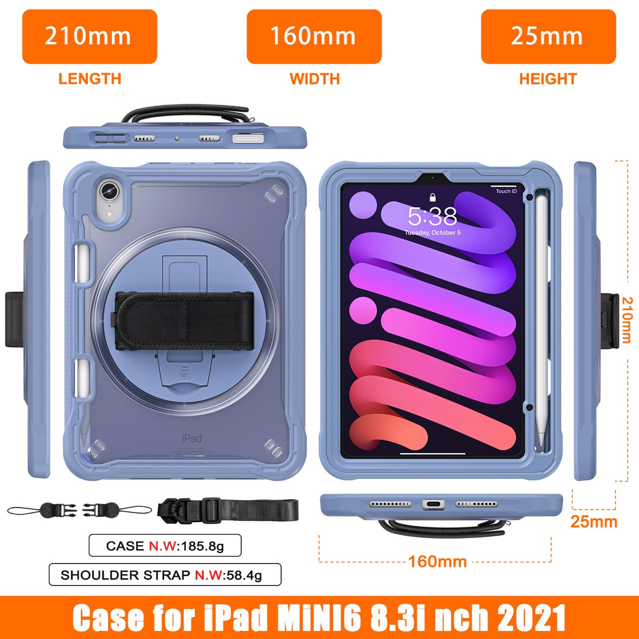 iPad Mini 6 / 7 (A17 Pro) Rugged Case - 360° Stand, Hand & Shoulder Strap - Shockproof - Lavender
