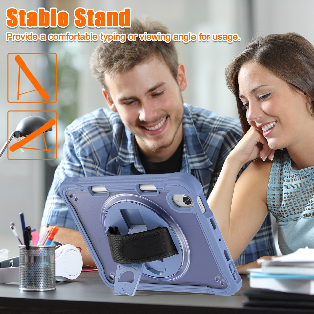 iPad Mini 6 / 7 (A17 Pro) Rugged Case - 360° Stand, Hand & Shoulder Strap - Shockproof - Lavender
