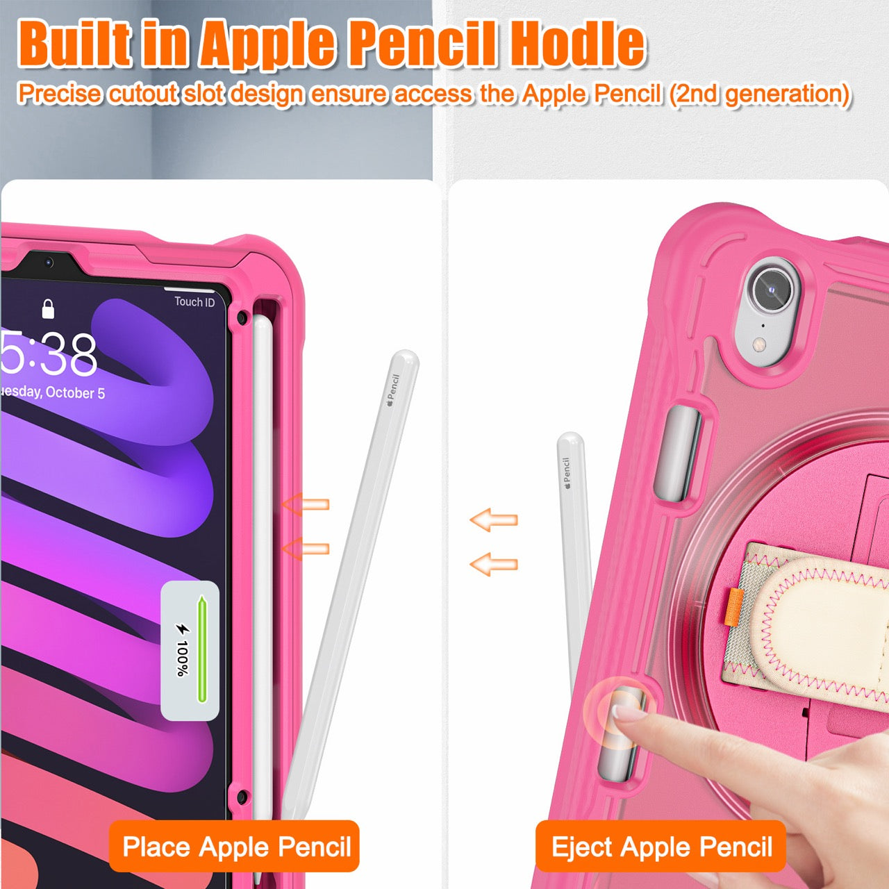 iPad Mini 6 / 7 (A17 Pro) Rugged Case - 360° Stand, Hand & Shoulder Strap - Shockproof - Rose